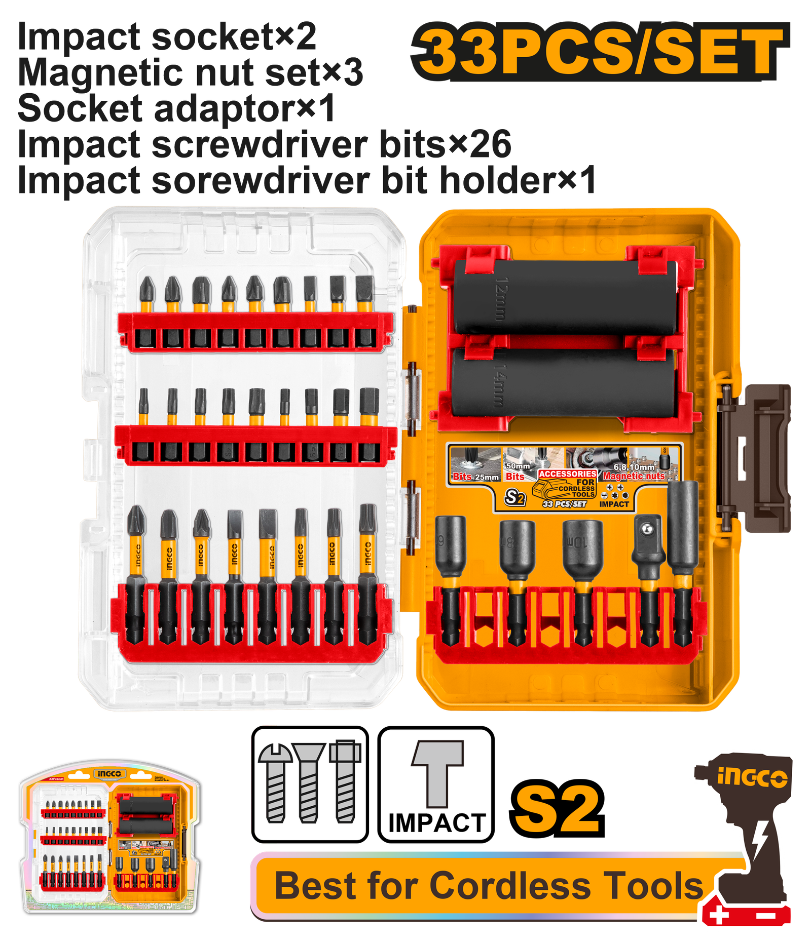 AKDL63306.png AKDL63306 (33 Pcs impact screwdriver bits and sockets set - P6C12) - Image 1