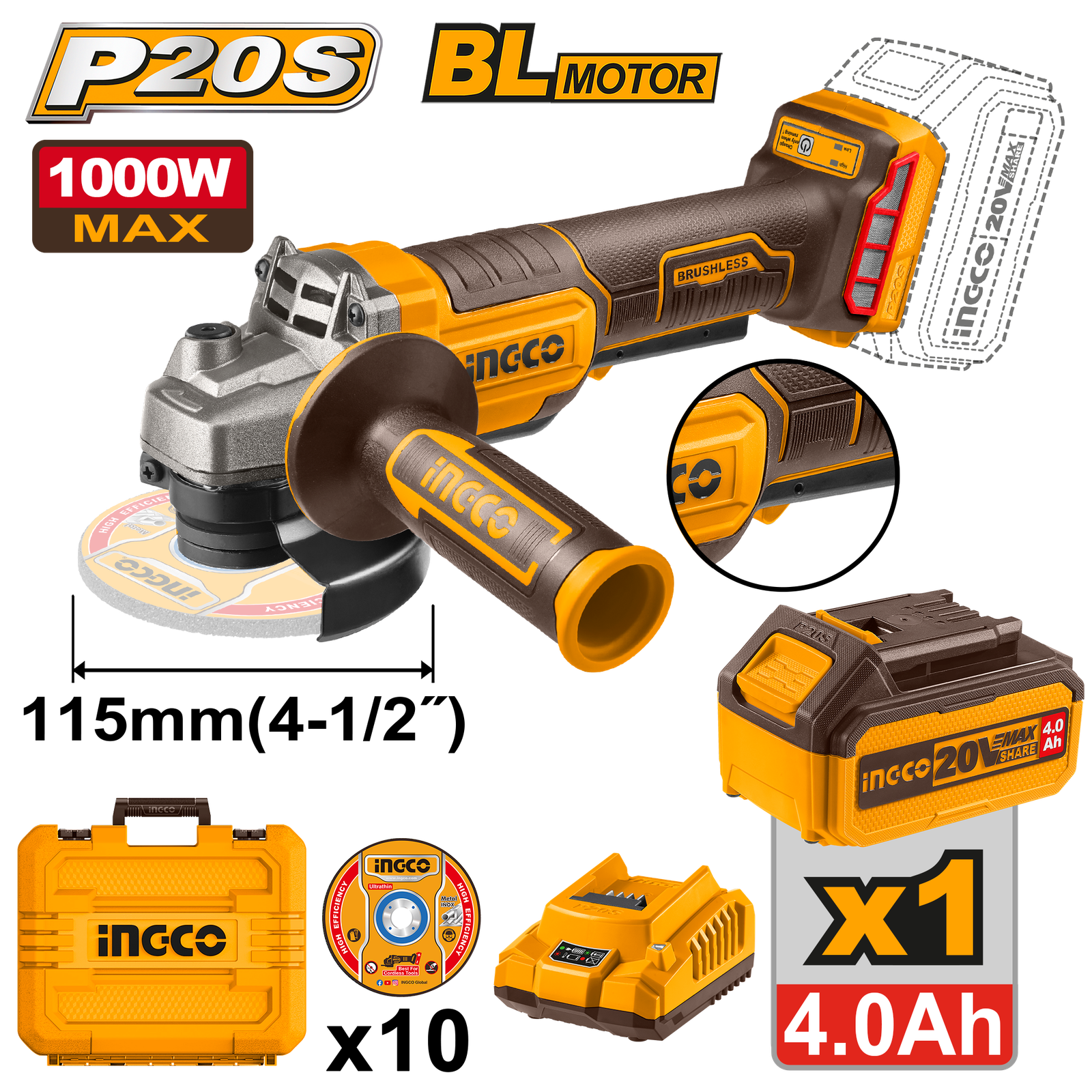 CAGLI2111561.png CAGLI2111561 (Lithium-Ion angle grinder 20V with battery 4Ah - C4) - Image 1