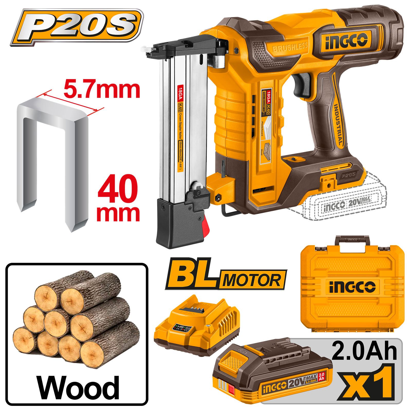 CCSNLI6008.png CCSNLI6008 (Cordless crown stapler nailer 20V 40mm + Battery - P1C4) - Image 1