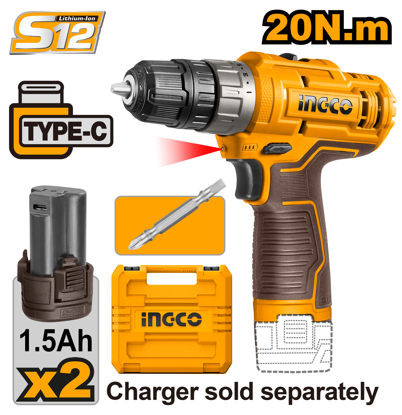 CDLI12202.png CDLI12202 (Cordless drill 12V Type-C + 2 Battery - P1C5) - Image 1