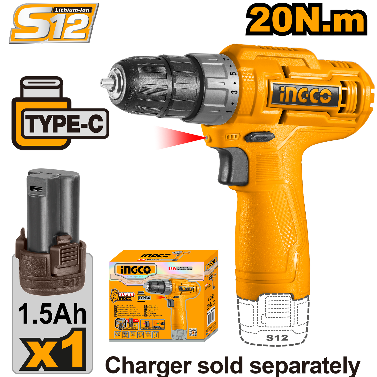 CDLI12428.png CDLI12428 (Cordless drill 12V Type-C + Battery - P1C10) - Image 1