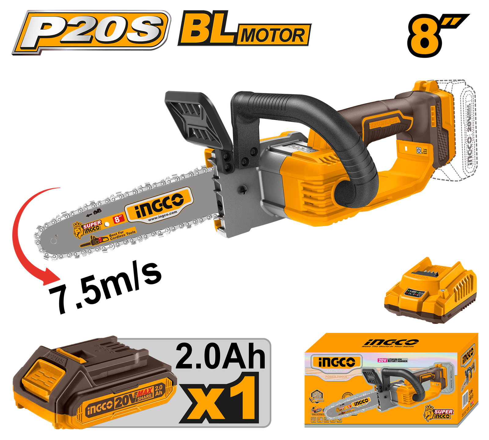 CGSLI20851.png CGSLI20851 (Cordless chain saw 20V 8" + Battery - P1C6) - Image 1