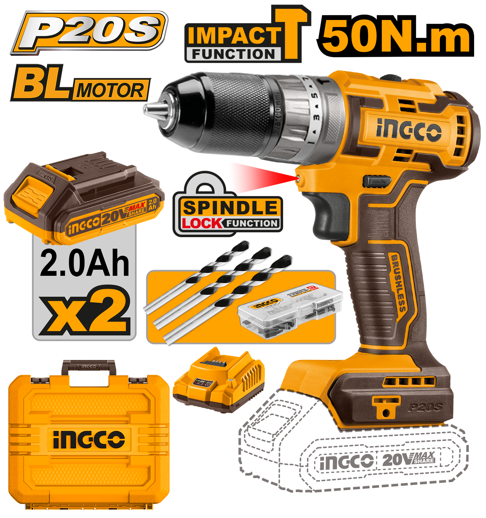 CIDLI20508-1.png CIDLI20508 (Lithium-Ion brushless impact drill 20V 2 Batteries) - Image 1