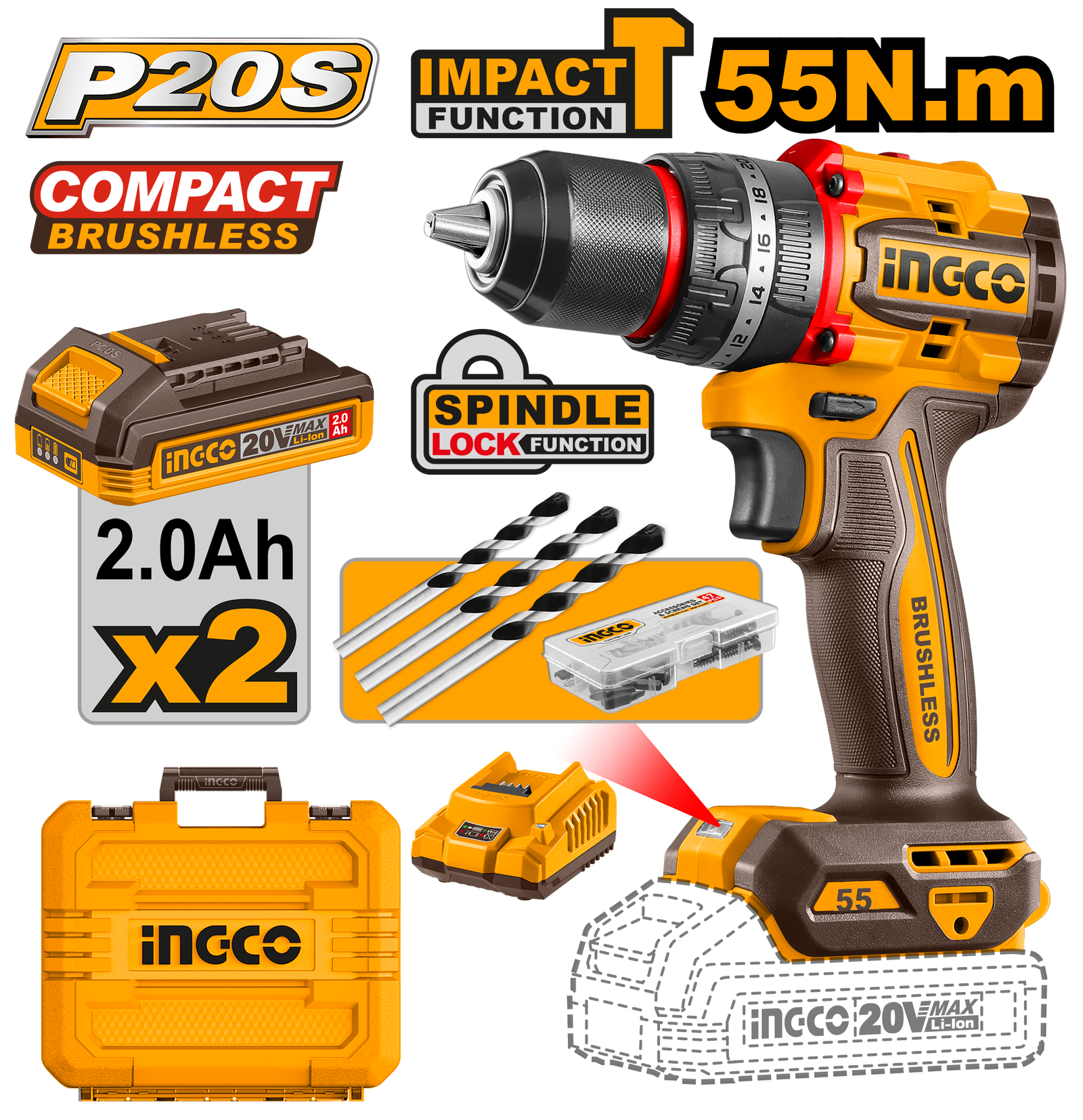 CIDLI20558.png CIDLI20558 (Cordless Impact Drill 20V 55Nm + 2 Battery - P1C5) - Image 1
