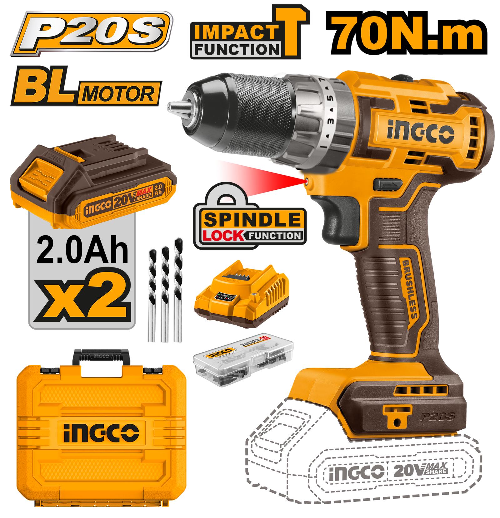CIDLI20605-1.png CIDLI20605 (Lithium-Ion brushless impact drill 20V 70Nm - C5) - Image 1