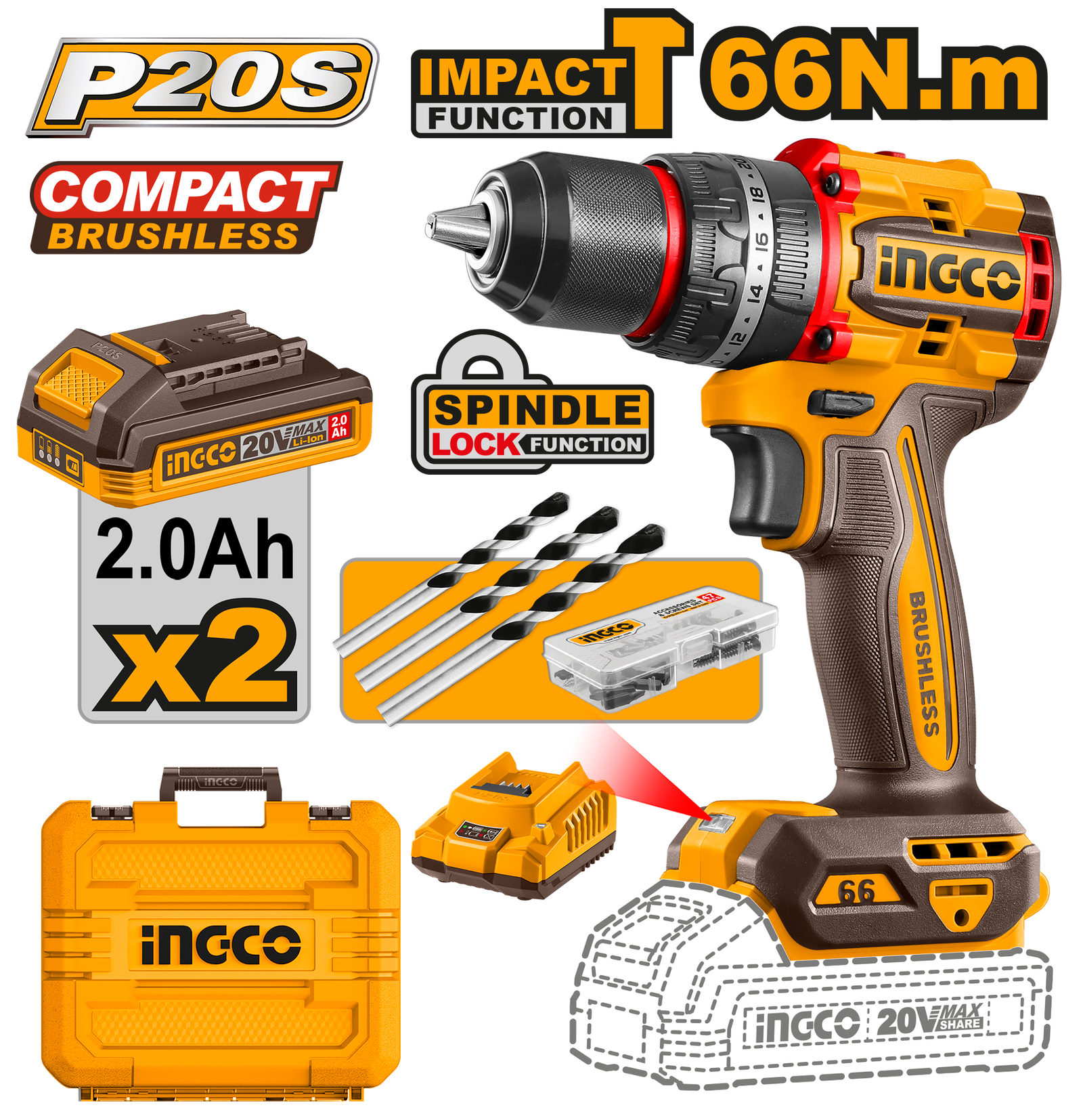CIDLI20668-1.png CIDLI20668 (Cordless Impact Drill 20V 66Nm + 2 Battery - P1C5) - Image 1