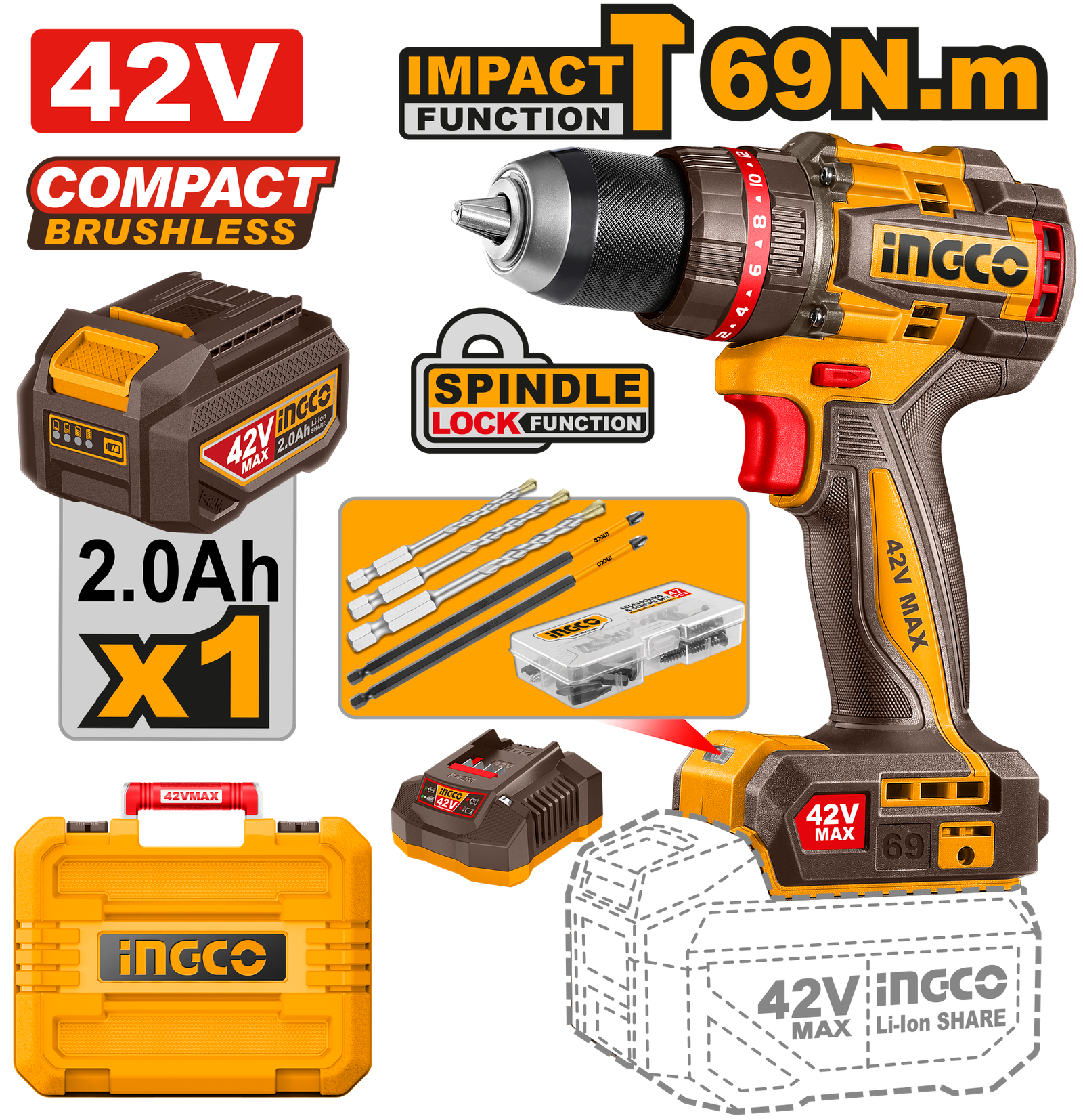 CIDLI426981.png CIDLI426981 (Cordless Impact Drill 42V 69Nm + Battery - C5) - Image 1