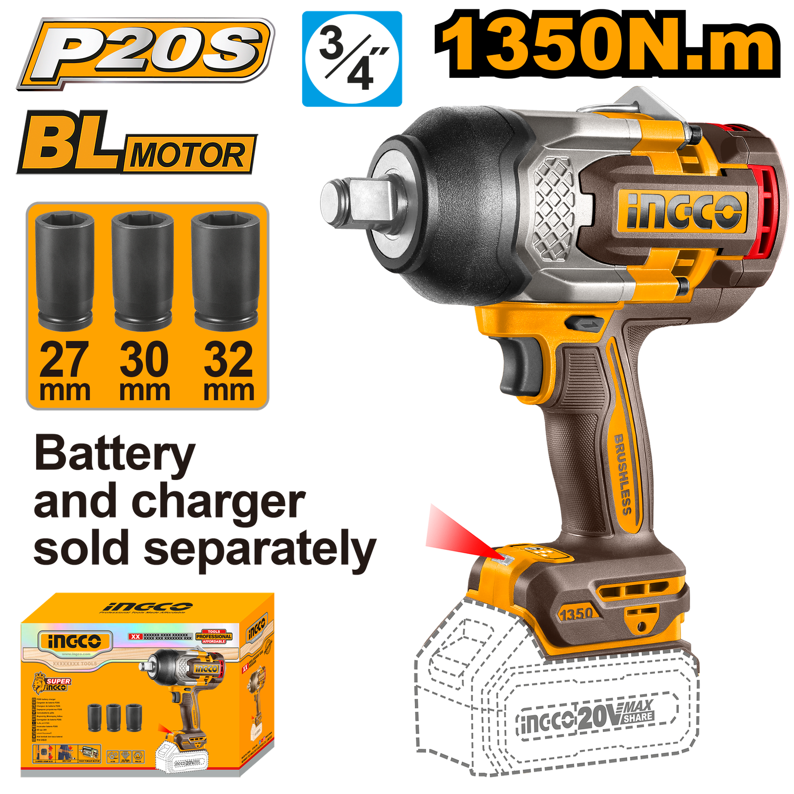 CIWLI201351.png CIWLI201351 (Cordless impact wrench 20V 1350Nm - P1C4) - Image 1