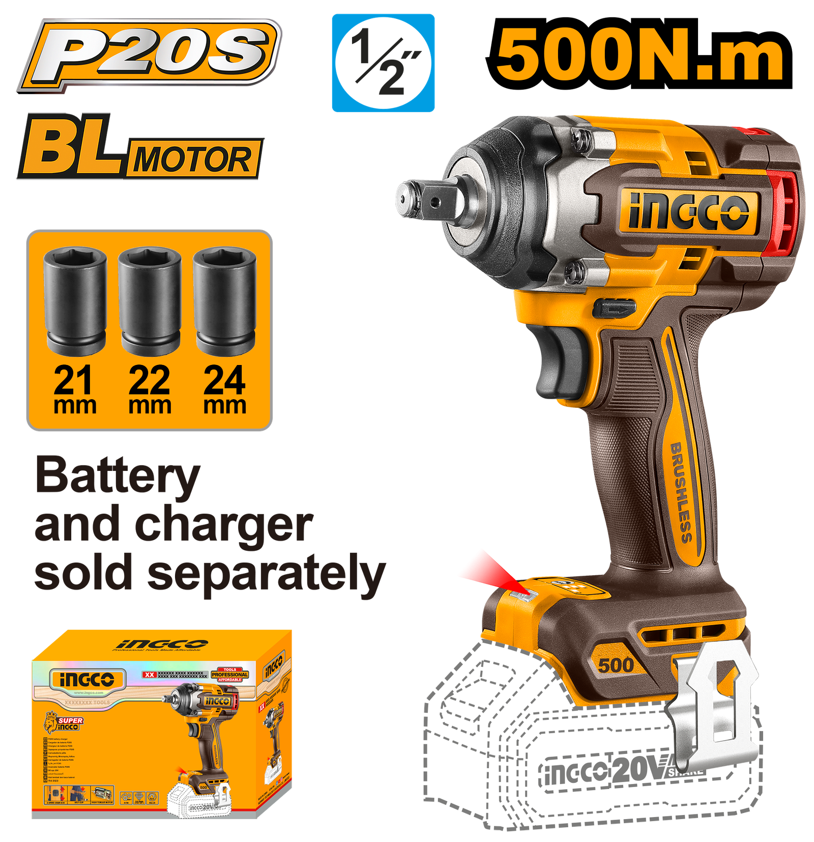 CIWLI20501.png CIWLI20501 (Cordless impact wrench 20V 500Nm - P1C6) - Image 1