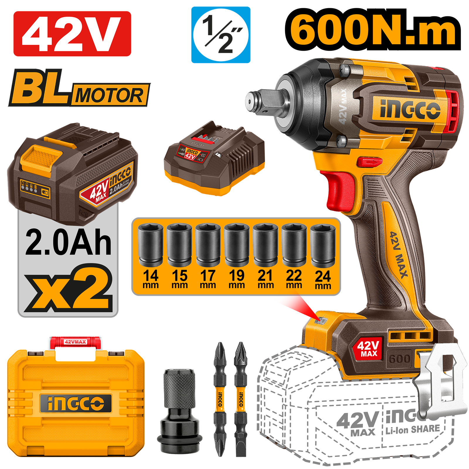 CIWLI42602.png CIWLI42602 (Cordless impact wrench 42V 600Nm + 2 Battery - C4) - Image 1