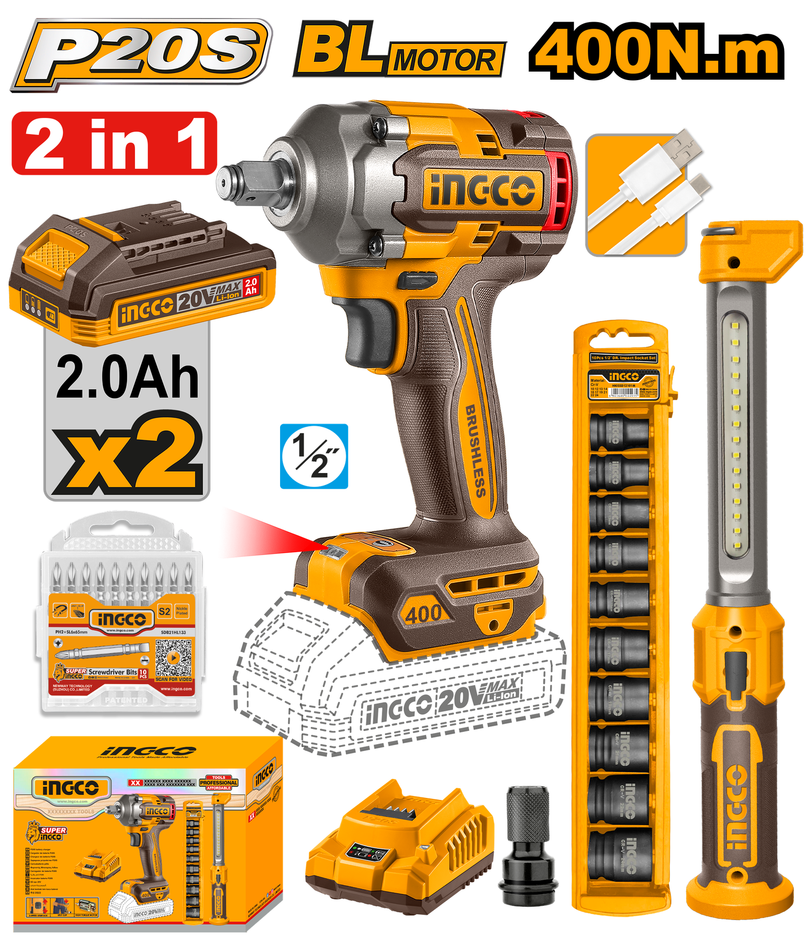COSLI23048.png COSLI23048 (Cordless Impact Wrench 20V 400Nm + 2 Battery + Socket Set + Work Lamp - P1C4) - Image 1