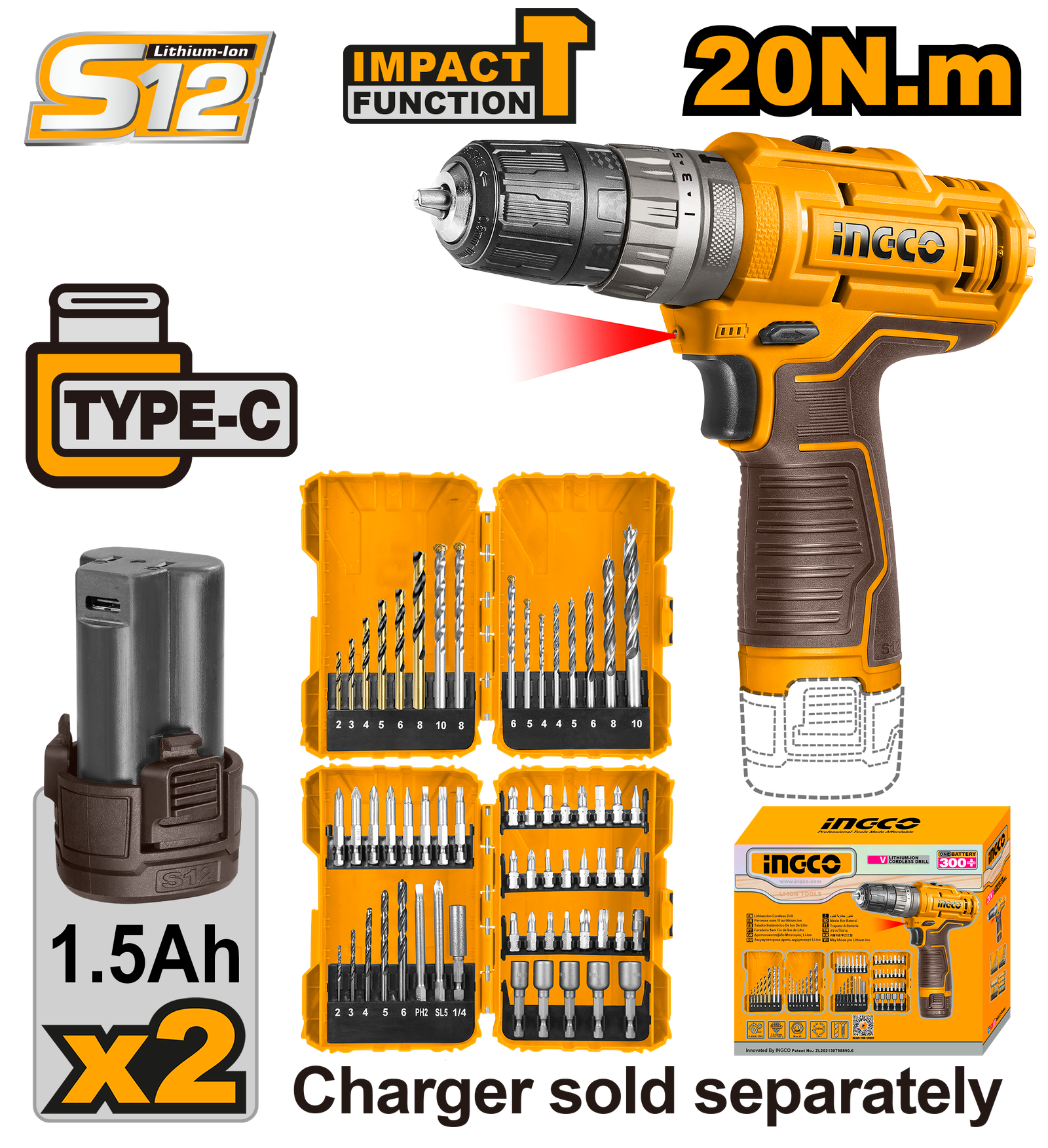 COSLI23114.png COSLI23114 (Cordless impact drill 12V + 2 Battery + Accessories - P1C8) - Image 1