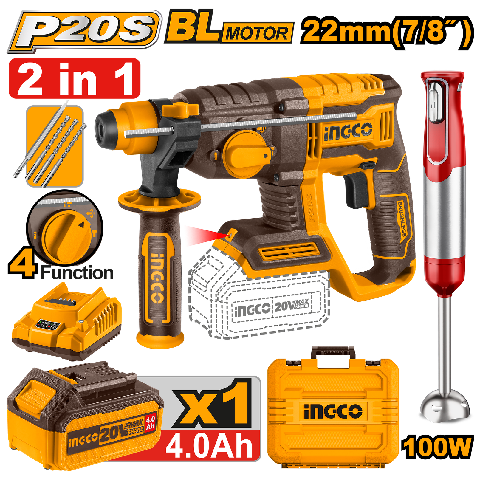 COSLI240208.png COSLI240208 (Cordless rotary hammer 20V 22mm + Battery + Hand Blender 11V) - Image 1