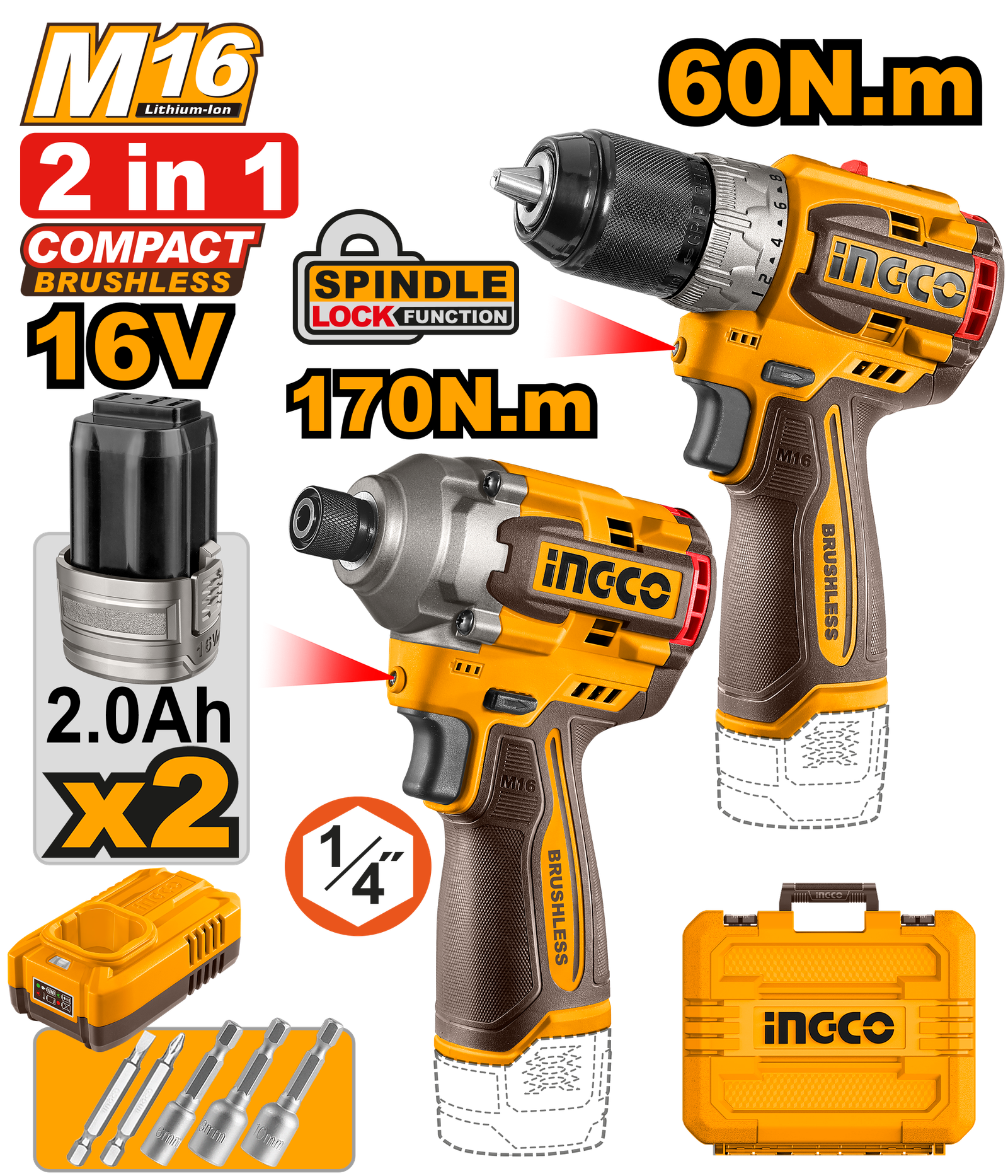 COSLI240968.png COSLI240968 (Cordless drill 60Nm + Impact Driver 170Nm 16V + 2 Battery - P1C4) - Image 1