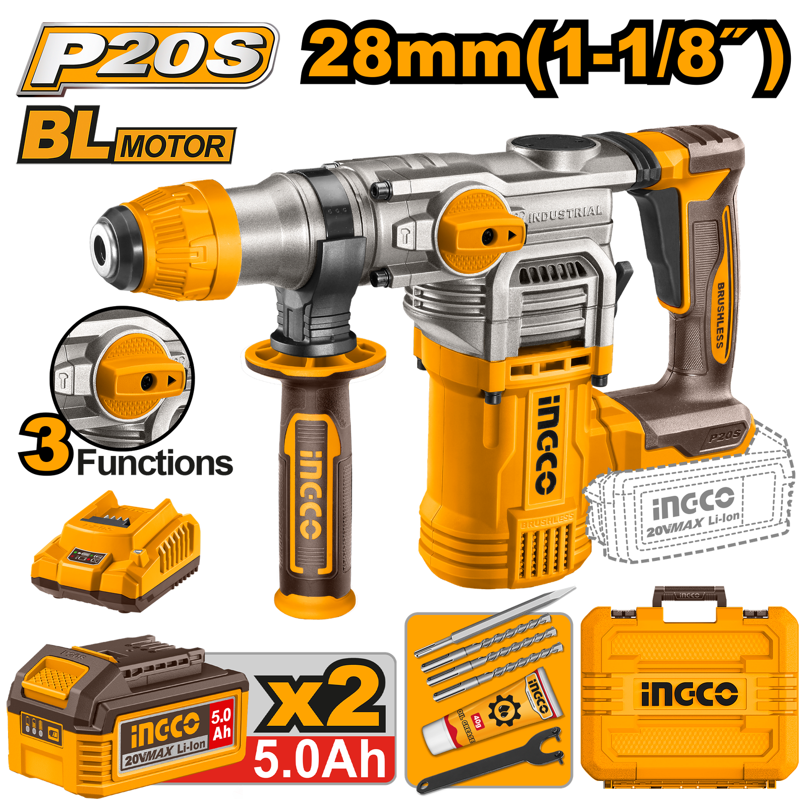 CRHLI202885.png CRHLI202885 (Cordless rotary hammer 20V 28mm + 2 Battery - P1C2) - Image 1