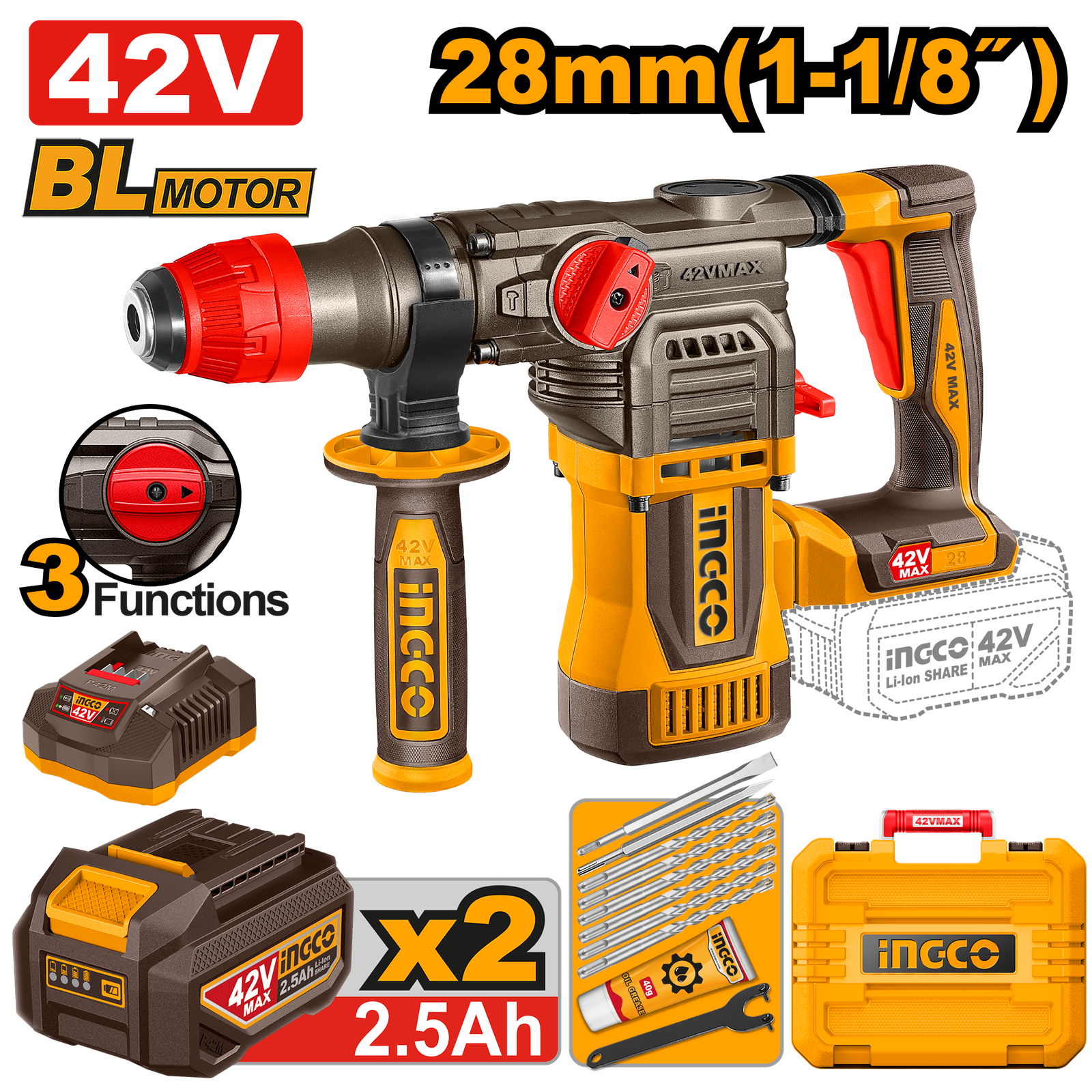 CRHLI422882.png CRHLI422882 (Cordless rotary hammer 42V 28mm + 2 Battery - C2) - Image 1