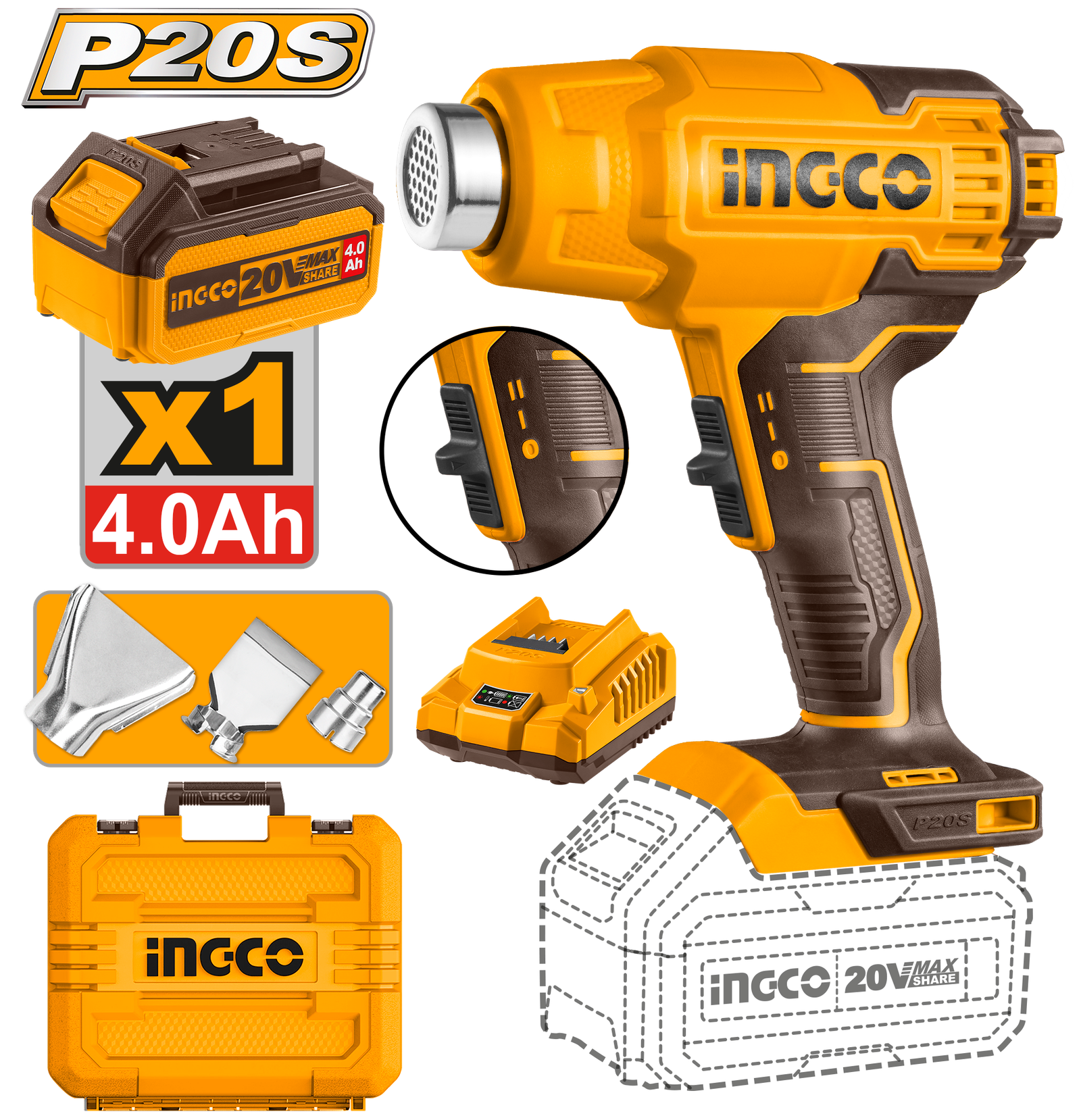 HGLI20025.png HGLI20025 (Cordless heat gun 20V + Battery - P1C5 - old) - Image 1