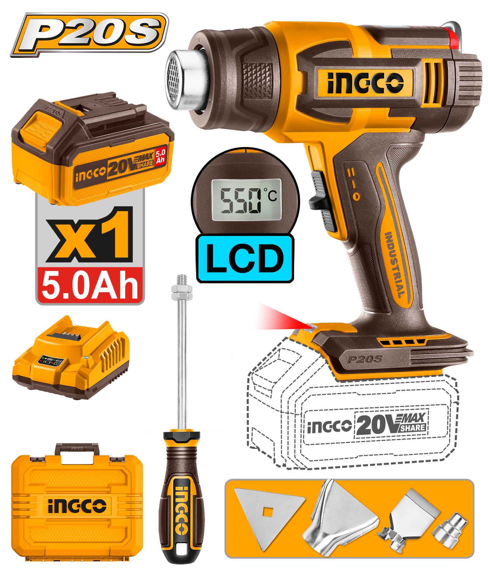 HGLI20035.png HGLI20035 (Cordless heat gun 20V + Battery - P1C5) - Image 1