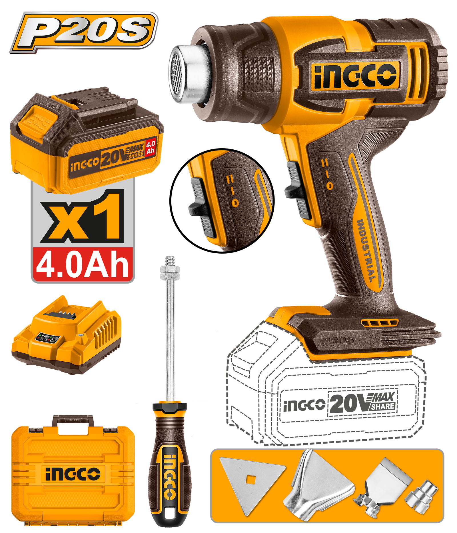 HGLI20065.png HGLI20065 (Cordless heat gun 20V + 4Ah battery - C5) - Image 1