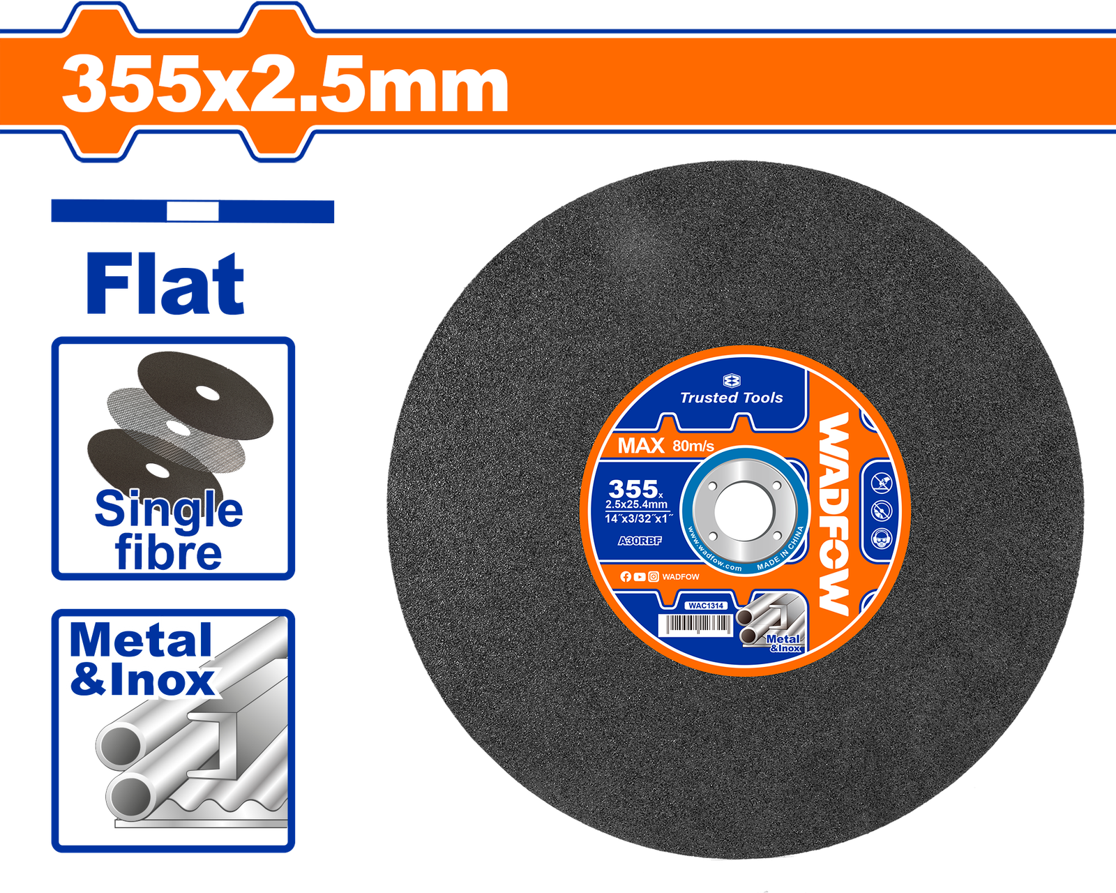 WAC1314.png WAC1314 (Wadfow Abrasive metal cutting disc 14" 355mmX2.5mmX25.4mm - C25) - Image 1