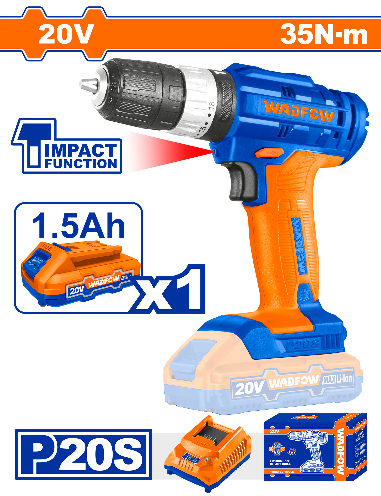 WCDP521.png WCDP521 (Wadfow Lithium-Ion impact drill 20V + battery + charger - C5) - Image 1