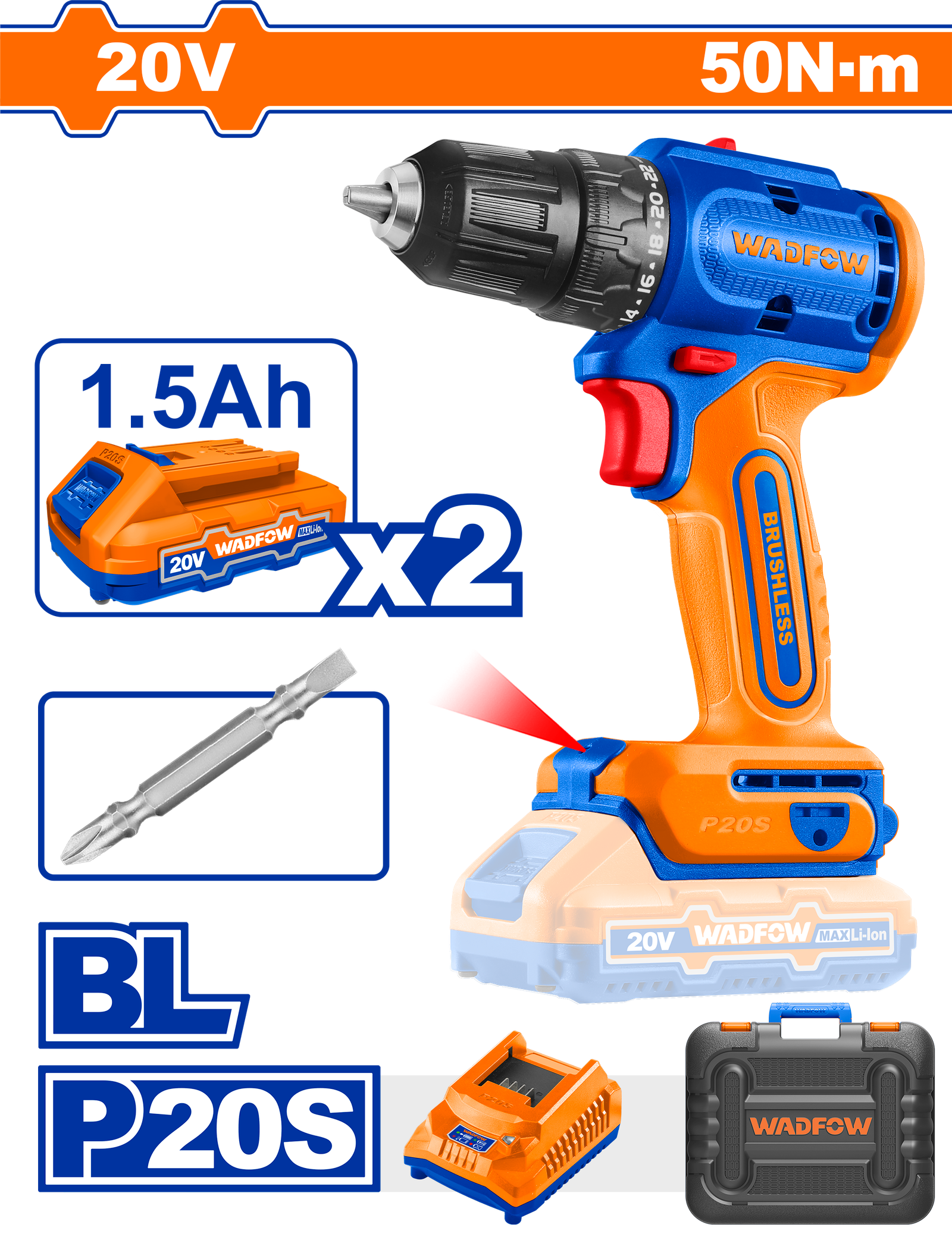 WCDP552-1.png WCDP552 (Wadfow Brushless cordless drill 20V + 2 Battery - P1C5) - Image 1