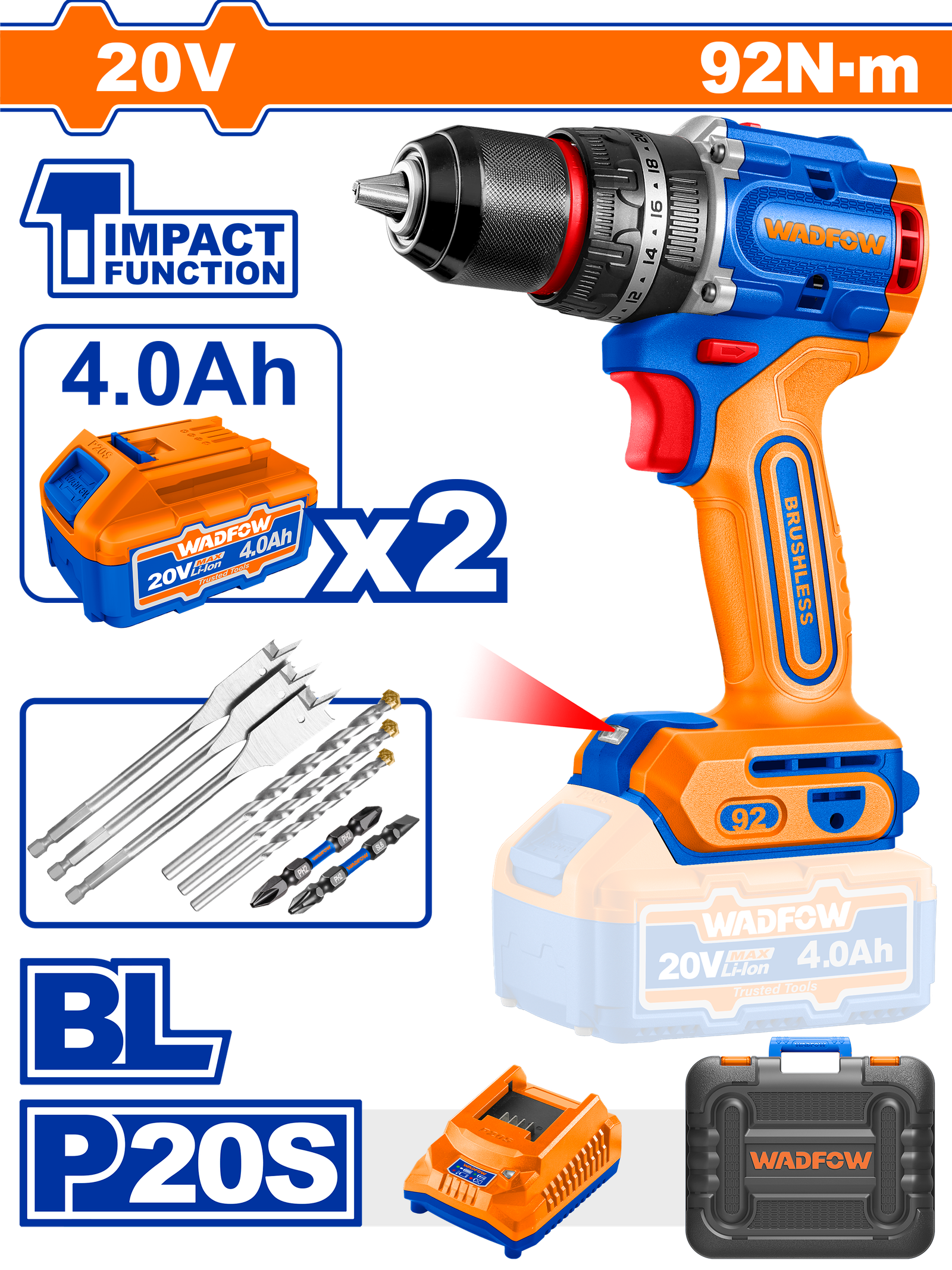 WCDP9281.png WCDP9281 (Wadfow Brushless Cordless Impact Drill 92 Nm + 2 batteries - P1C4) - Image 1
