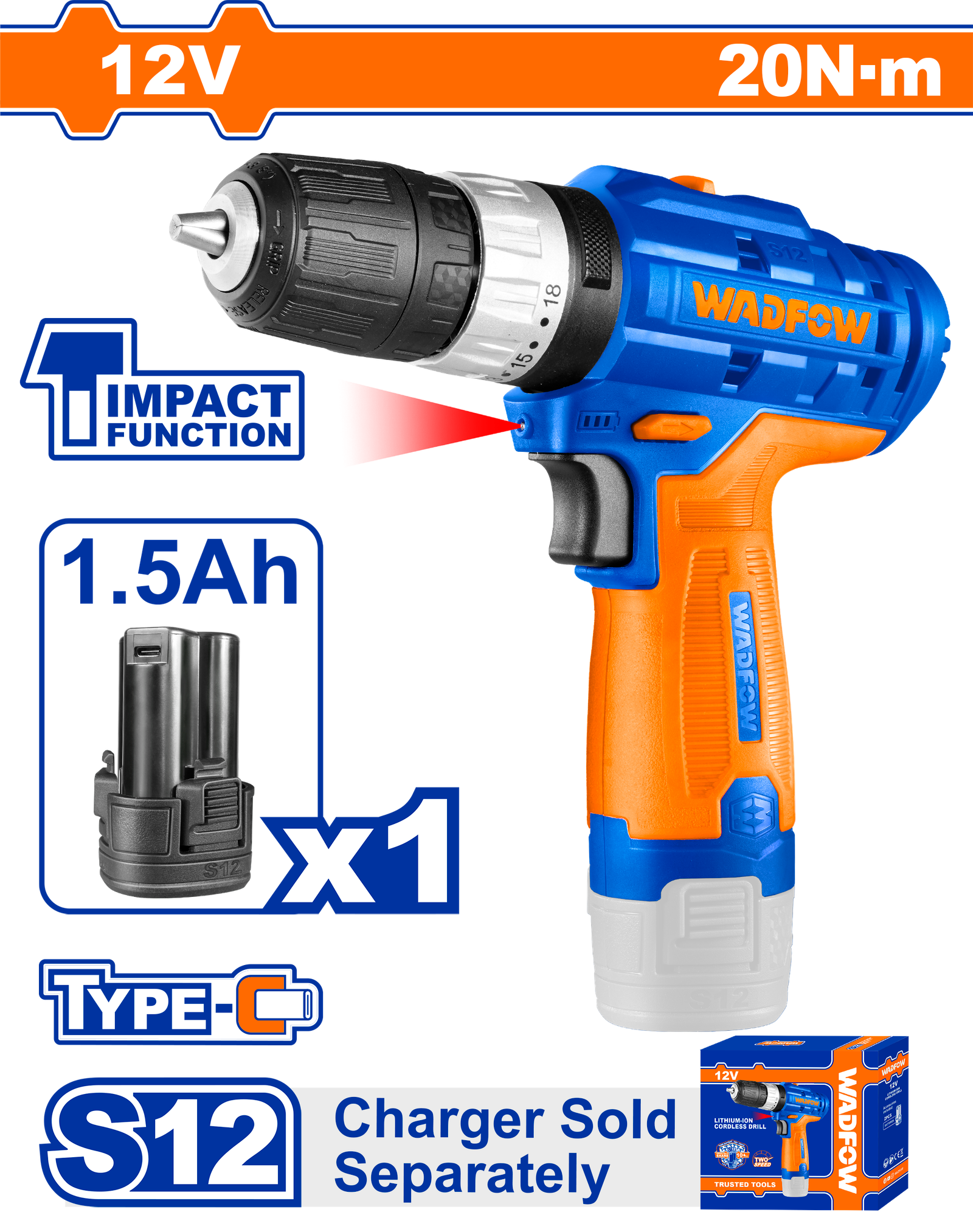 WCDS540.png WCDS540 (Wadfow Lithium-ion impact drill 12V + Battery USB-C - C10) - Image 1