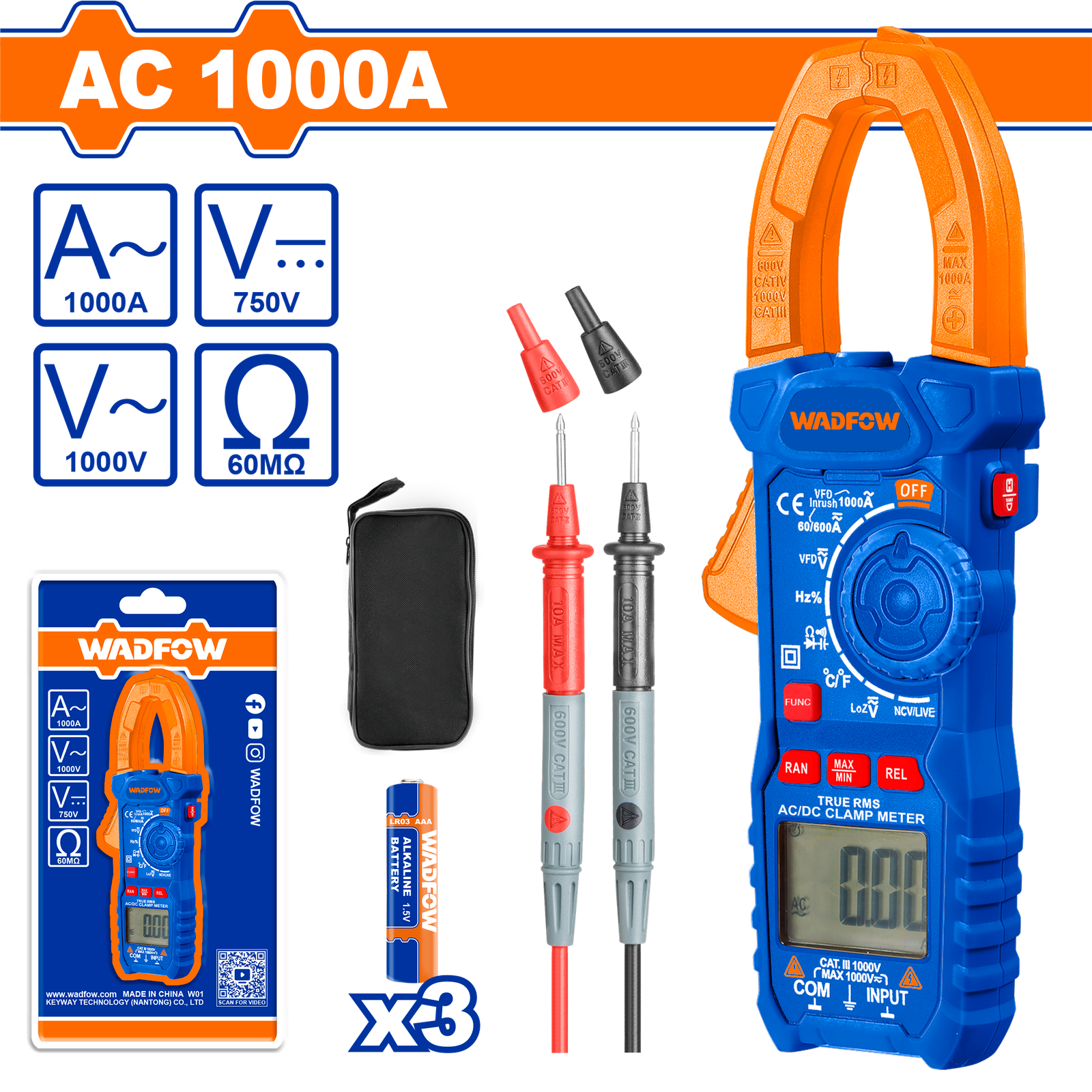WDM6508.png WDM6508 (Wadfow Digital AC clamp meter 1000A 6000 Counts - P5C20) - Image 1