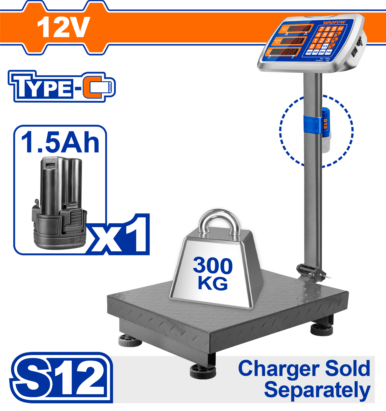WEC1303.png WEC1303 (Wadfow Cordless scale 12V 300kg + Battery - P1C1) - Image 1