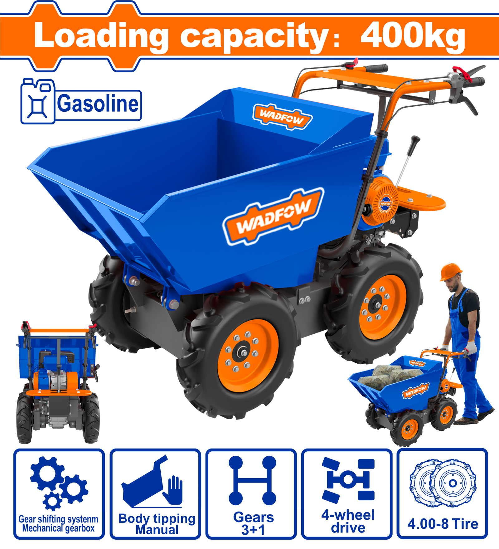 WFTP1A400.png WFTP1A400 (Wadfow Gasoline mini wheelbarrow 400kg 6.5HP - P1C1) - Image 1
