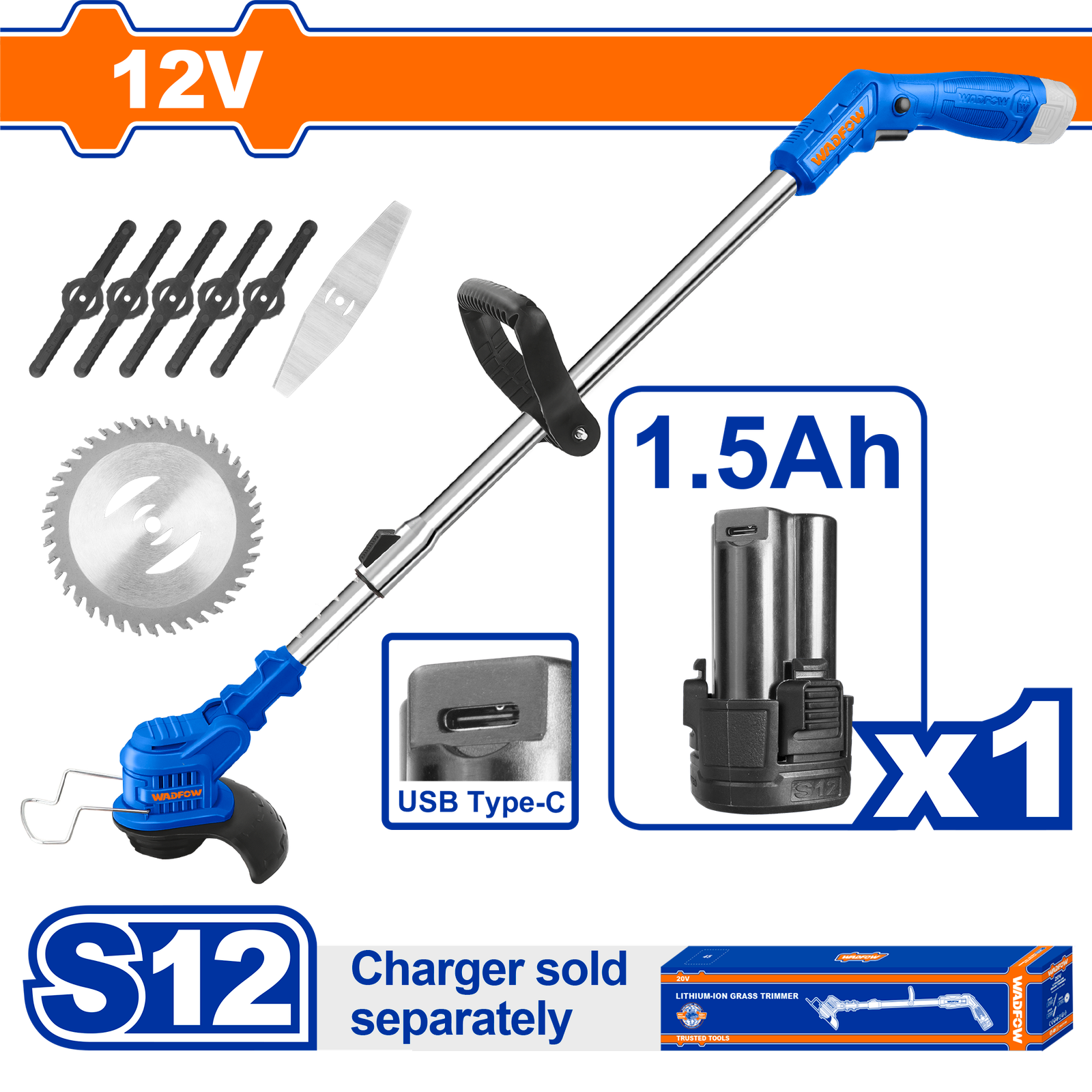WGTS512.png WGTS512 (Wadfow Cordless grass trimmer 12V + Battery - P1C4) - Image 1