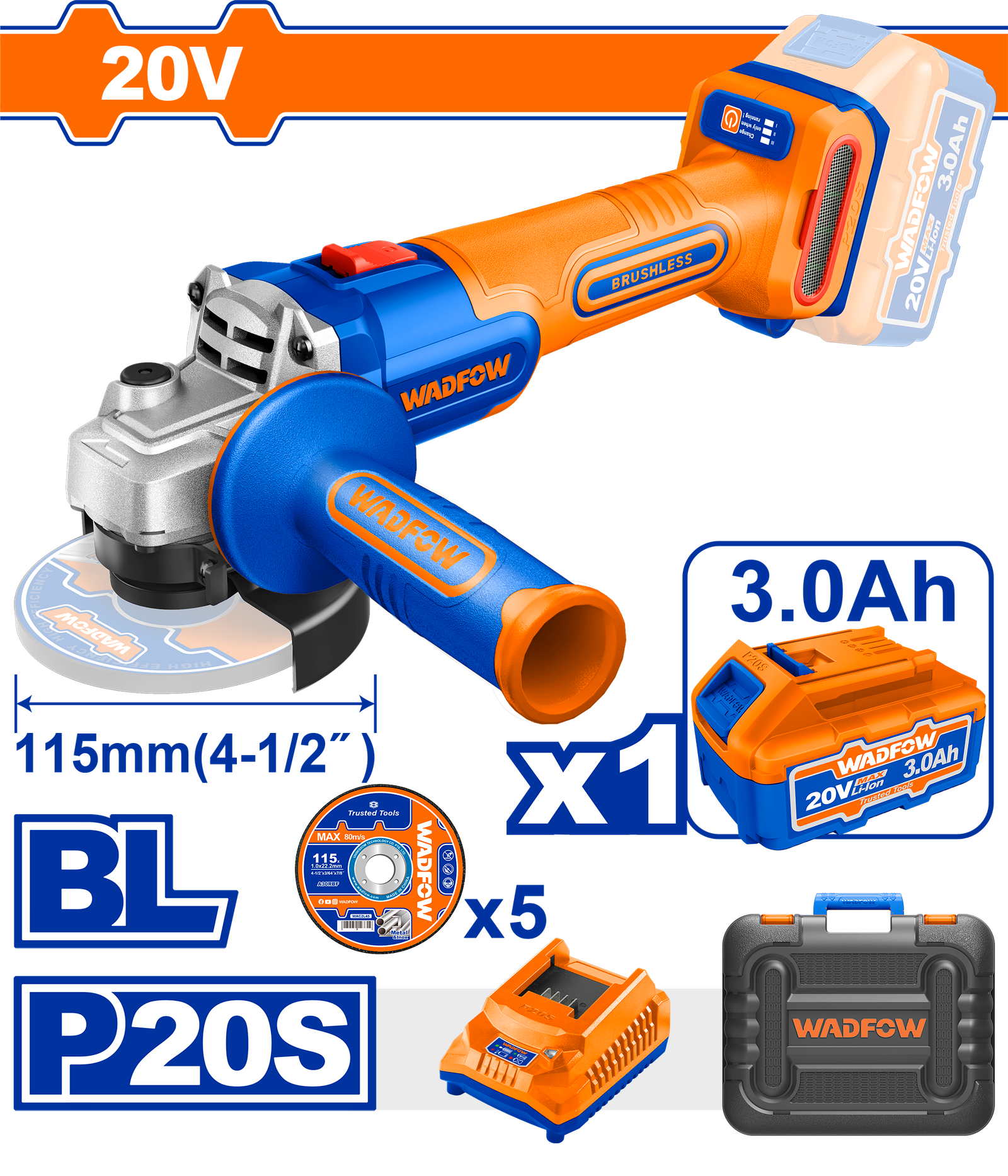 WLAP522.png WLAP522 (Wadfow Cordless angle grinder 20V 4.5" + 1 Battery - P1C4) - Image 1