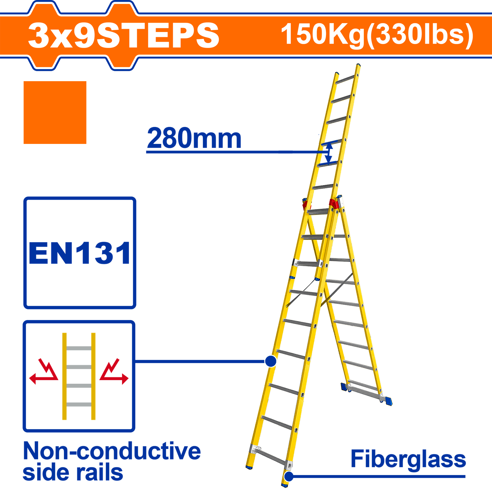 WLD2939.png WLD2939 (Wadfow 3 Section extension fiberglass ladder - C1) - Image 1