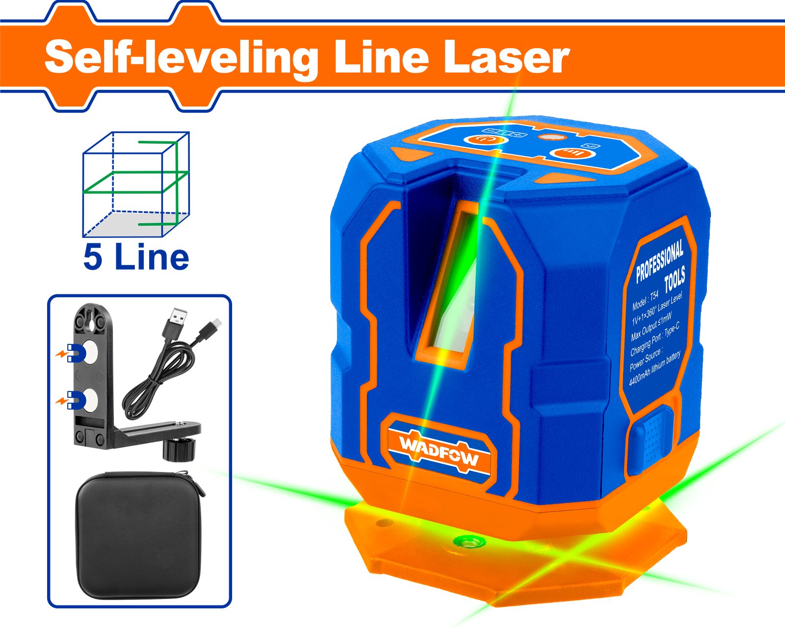 WLE1M05.png WLE1M05 (Wadfow Self-leveling line laser Green 5 lines 30m - C12) - Image 1