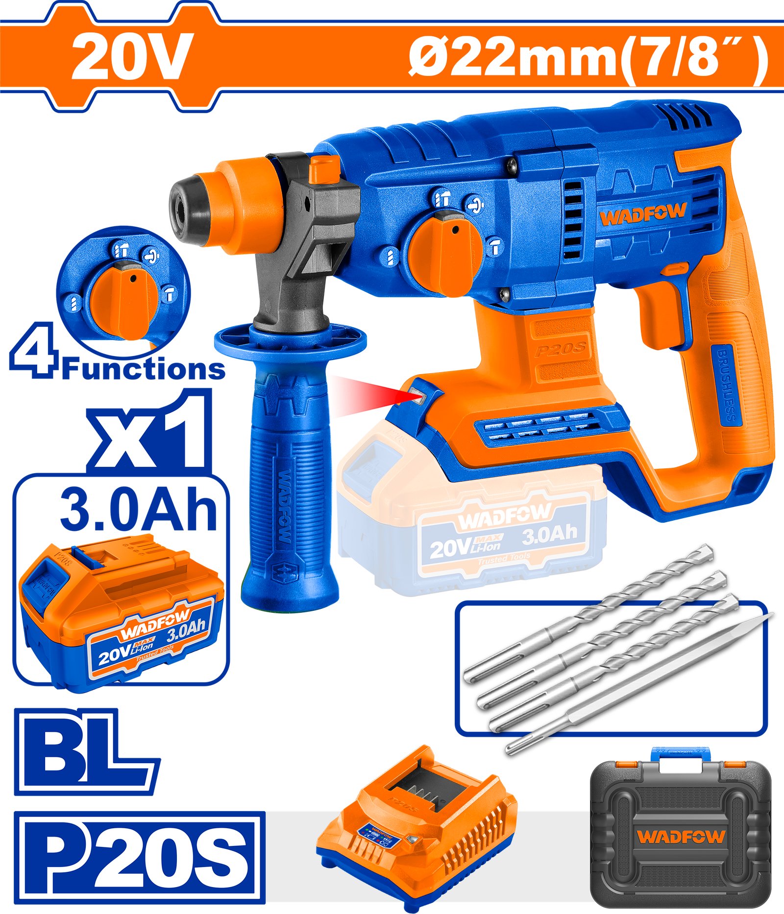 WLM1522.png WLM1522 (Wadfow Cordless rotary hammer 20V 22mm + Battery - P1C4) - Image 1