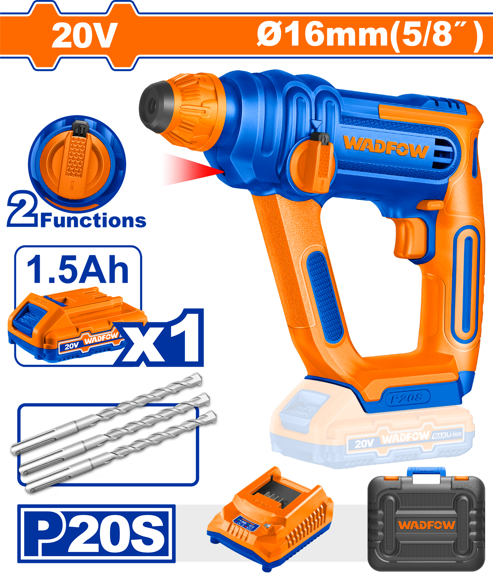 WLM1B161.png WLM1B161 (Wadfow Cordless rotary hammer 20V 16mm + Battery - P1C4) - Image 1