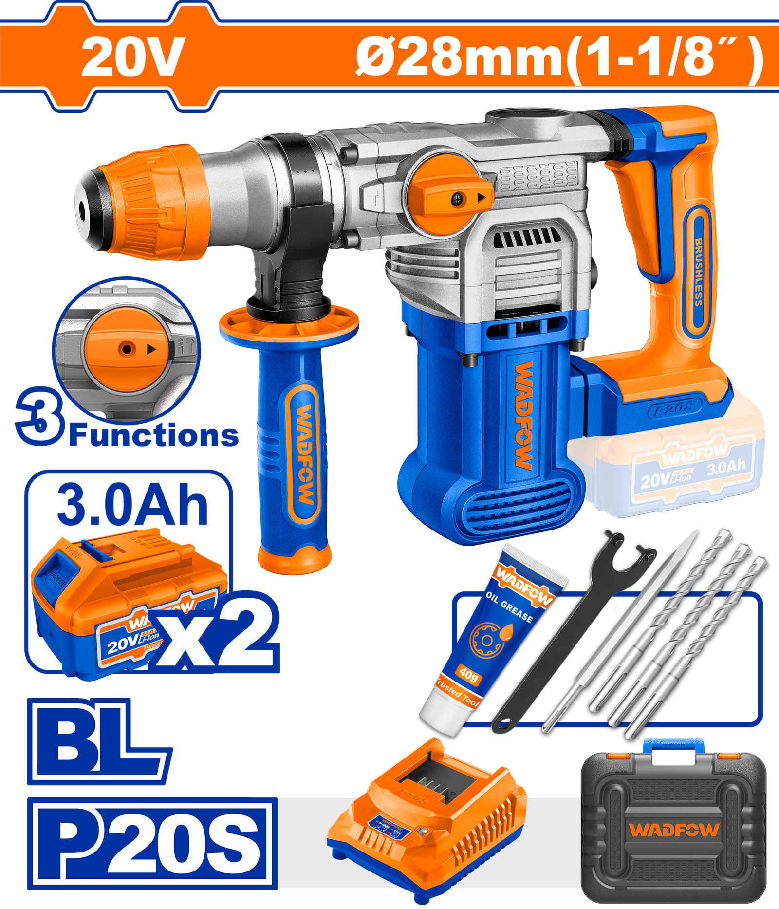 WLM1B282.png WLM1B282 (Wadfow Cordless rotary hammer 28mm 20v + 2 3Ah Battery + charger - P1C2) - Image 1
