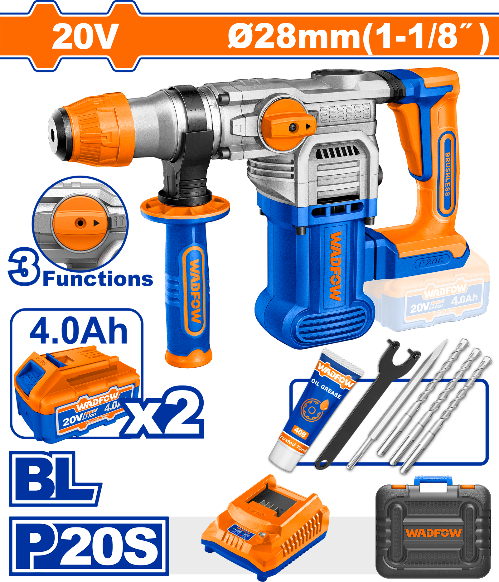 WLM1B283.png WLM1B283 (Wadfow Cordless rotary hammer 20V 28mm + 2 Battery - P1C2) - Image 1