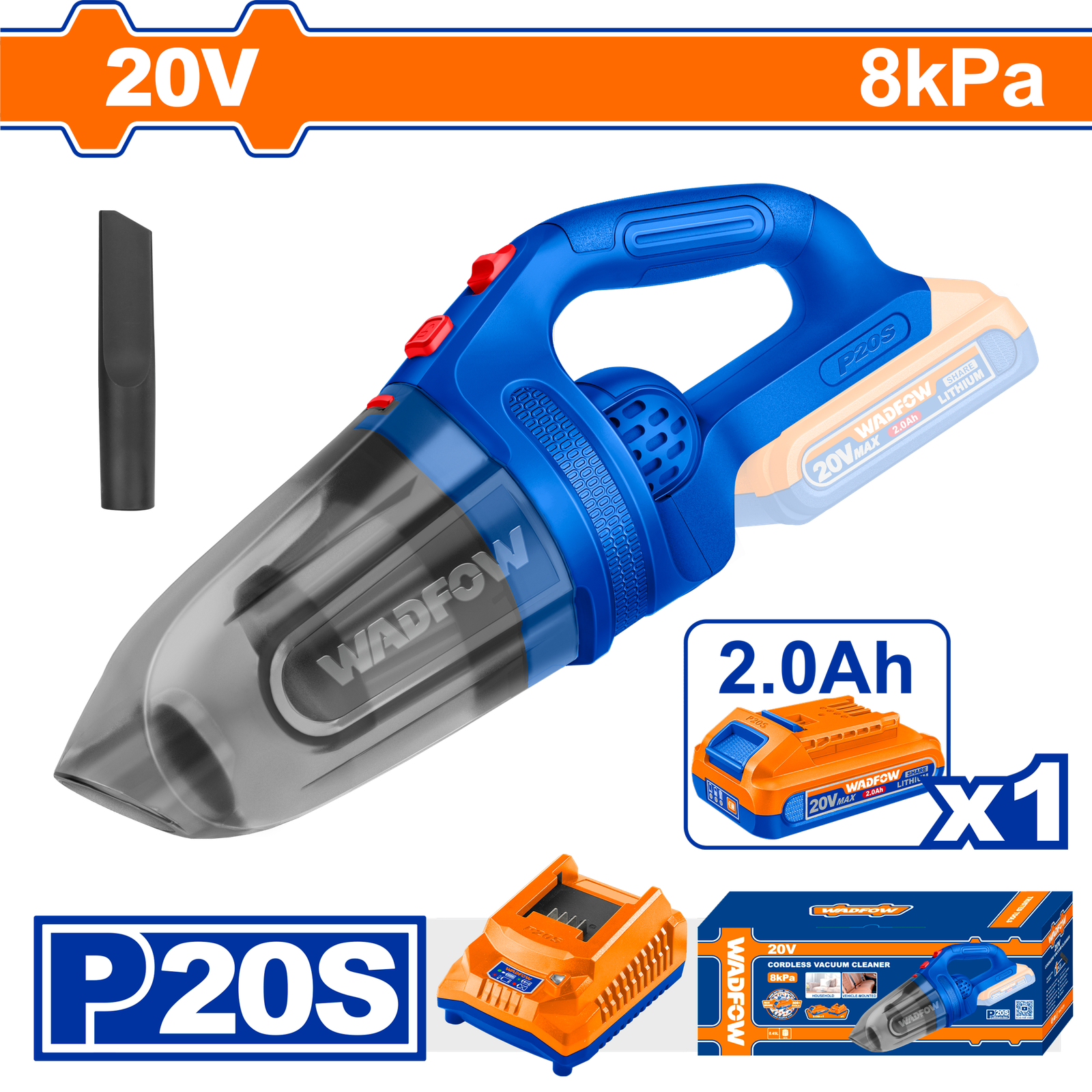 WLV20201-1.png WLV20201 (Wadfow Cordless vacuum cleaner 20v + battery - P1C8) - Image 1