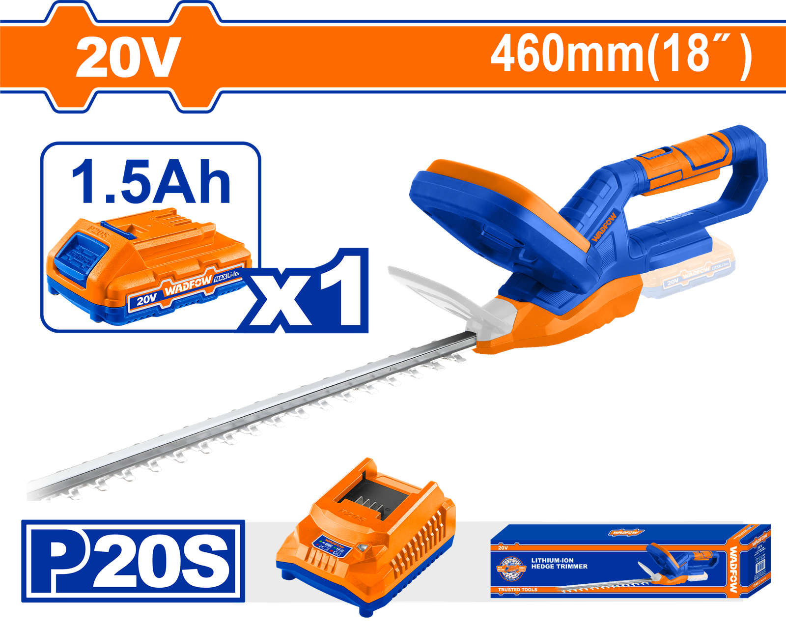 WLYP546.png WLYP546 (Wadfow Lithium-ion hedge trimmer 20V + battery + charger - C4) - Image 1