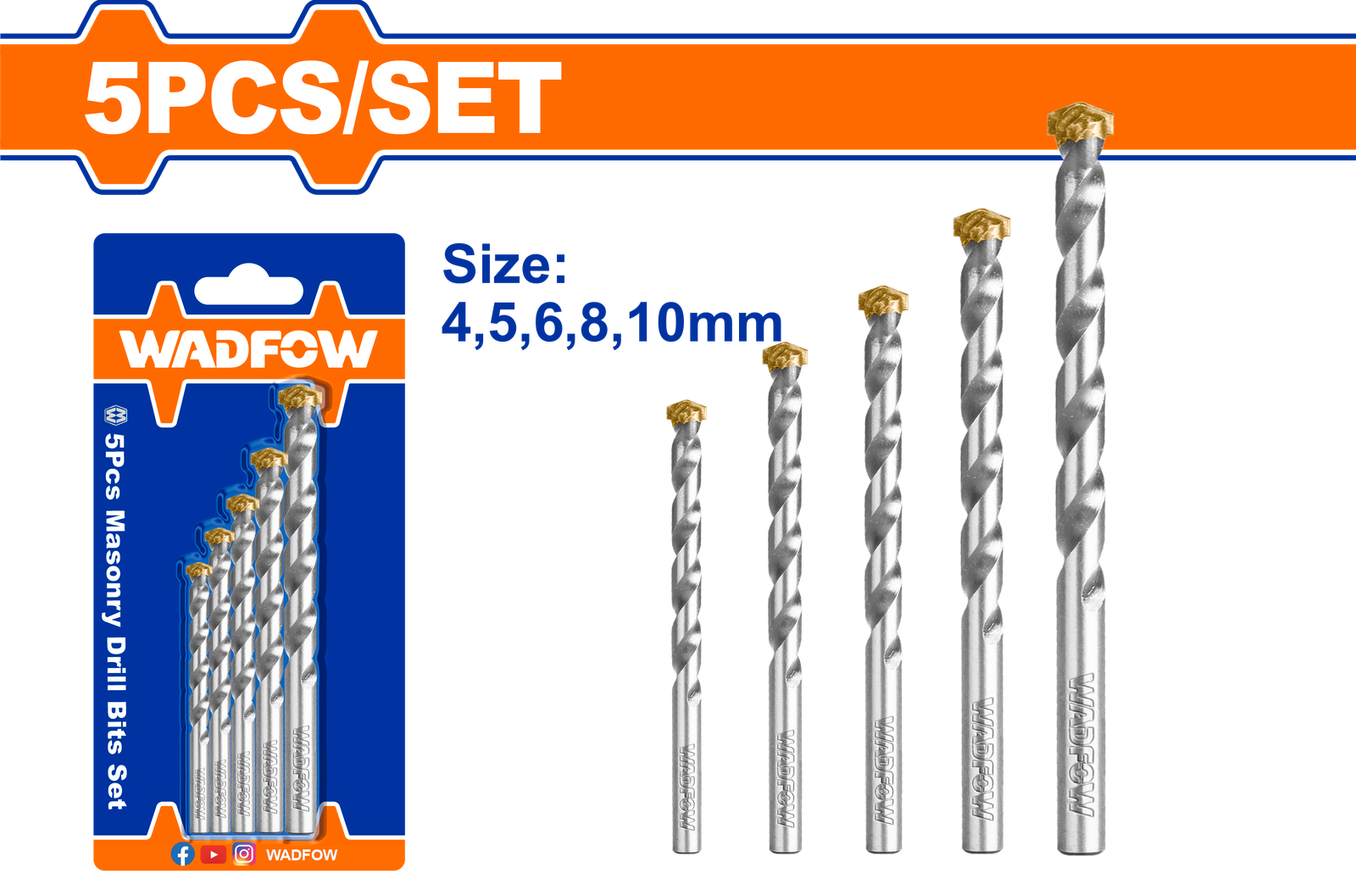 WMJ2K01.png WMJ2K01 (Wadfow 5 Pcs masonry drill bits set - P40C80) - Image 1