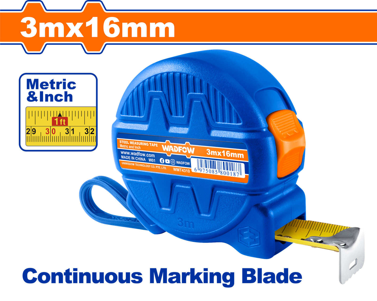 WMT4310.png WMT4310 (Wadfow Steel measuring tape 3mx16mm - C120P12) - Image 1
