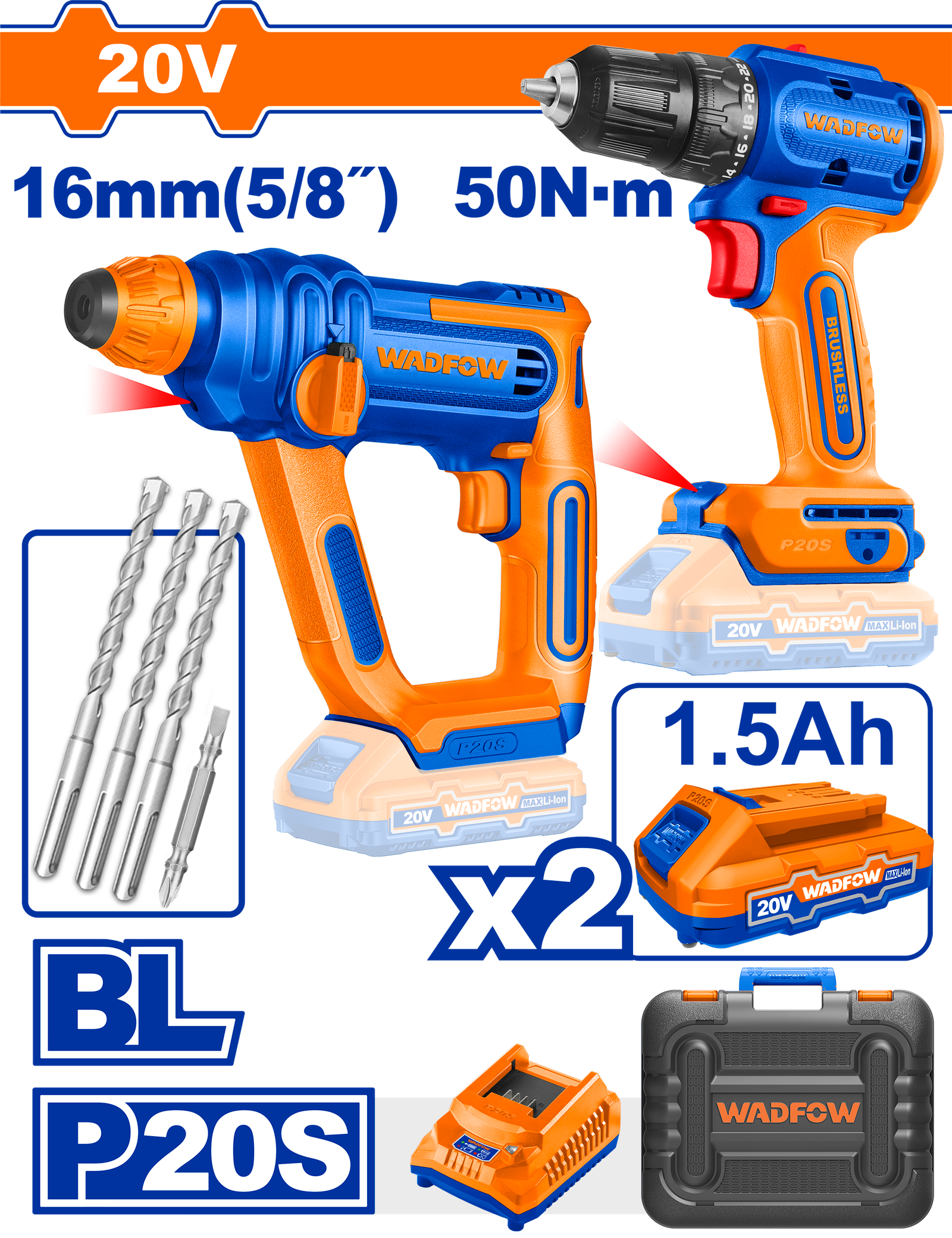 WOS240681.png WOS240681 (Wadfow Cordless 20V Drill 50Nm + Rotary Hammer 16mm + 2 Battery - P1C4) - Image 1