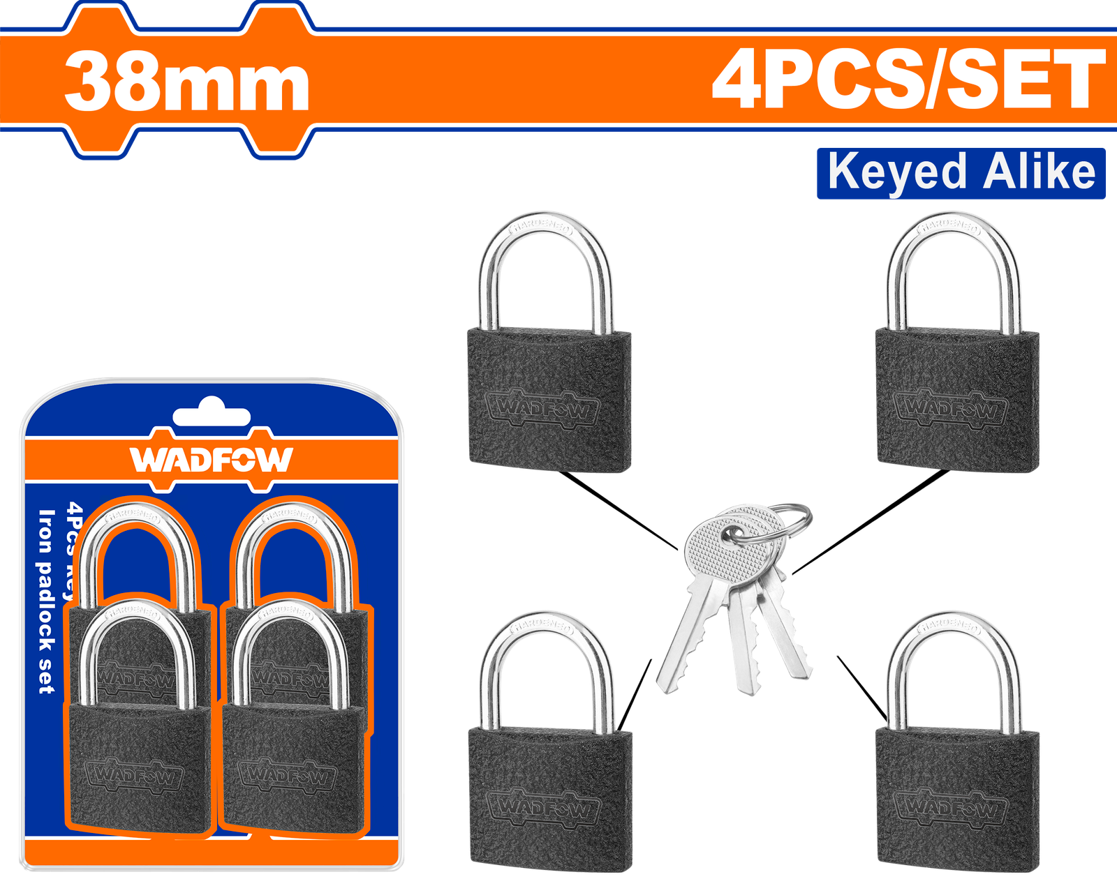 WPD5444.png WPD5444 (Wadfow 4Pcs key-alike Iron padlock set 38mm - P6C36) - Image 1