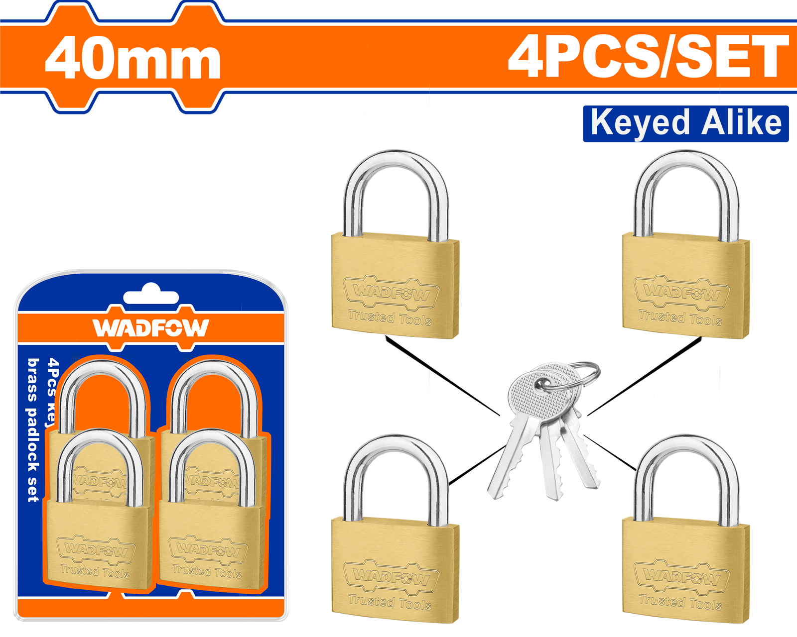 WPDT444.png WPDT444 (Wadfow 4 Pcs key alike brass padlock set 40mm - P6C36) - Image 1