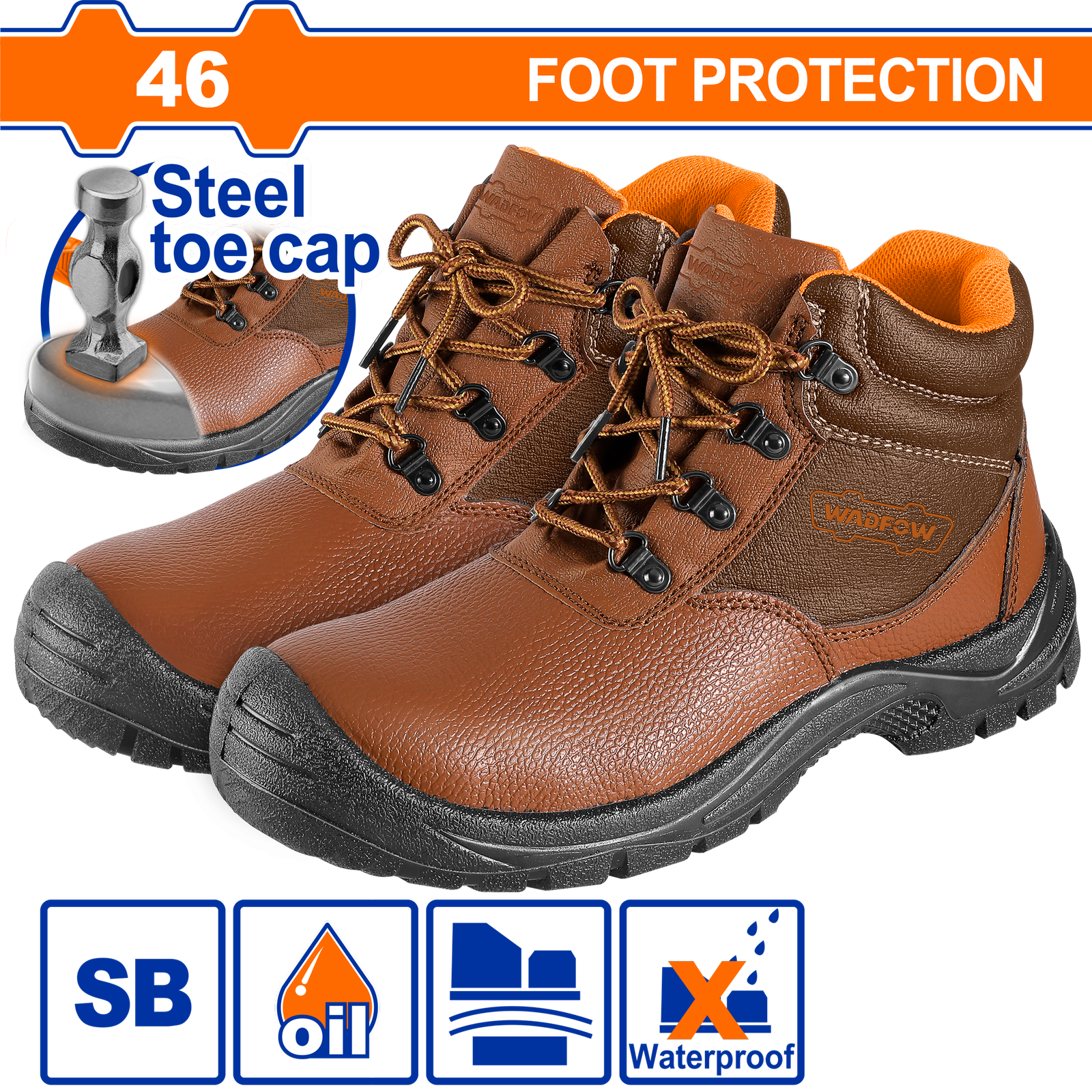 WSB3546-1.png WSB3546 (Wadfow Brown leather Safety boots 46 - C6) - Image 1
