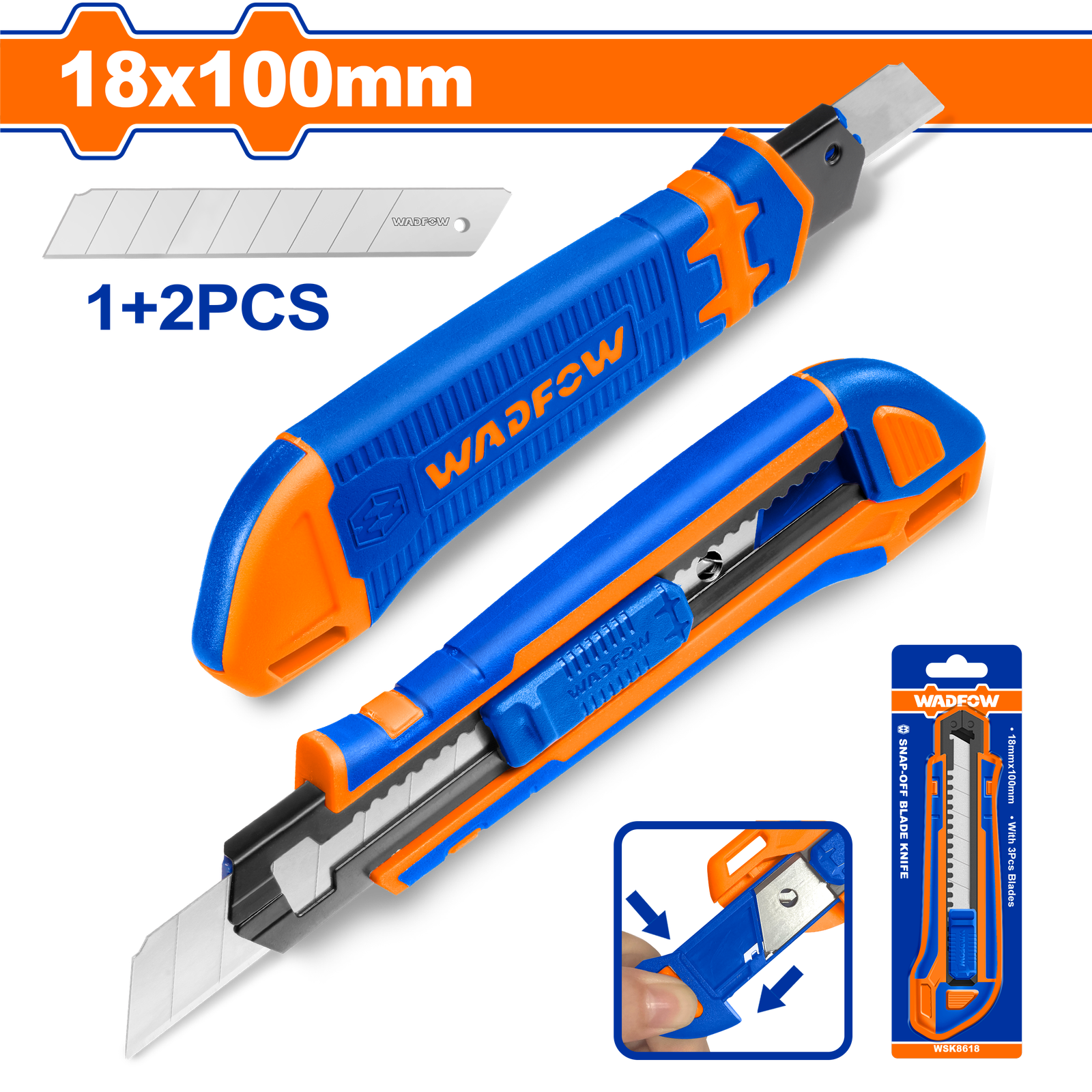 WSK8618-1.png WSK8618 (Wadfow Snap-off blade knife 18x100mm with 3 blades - c144p12) - Image 1