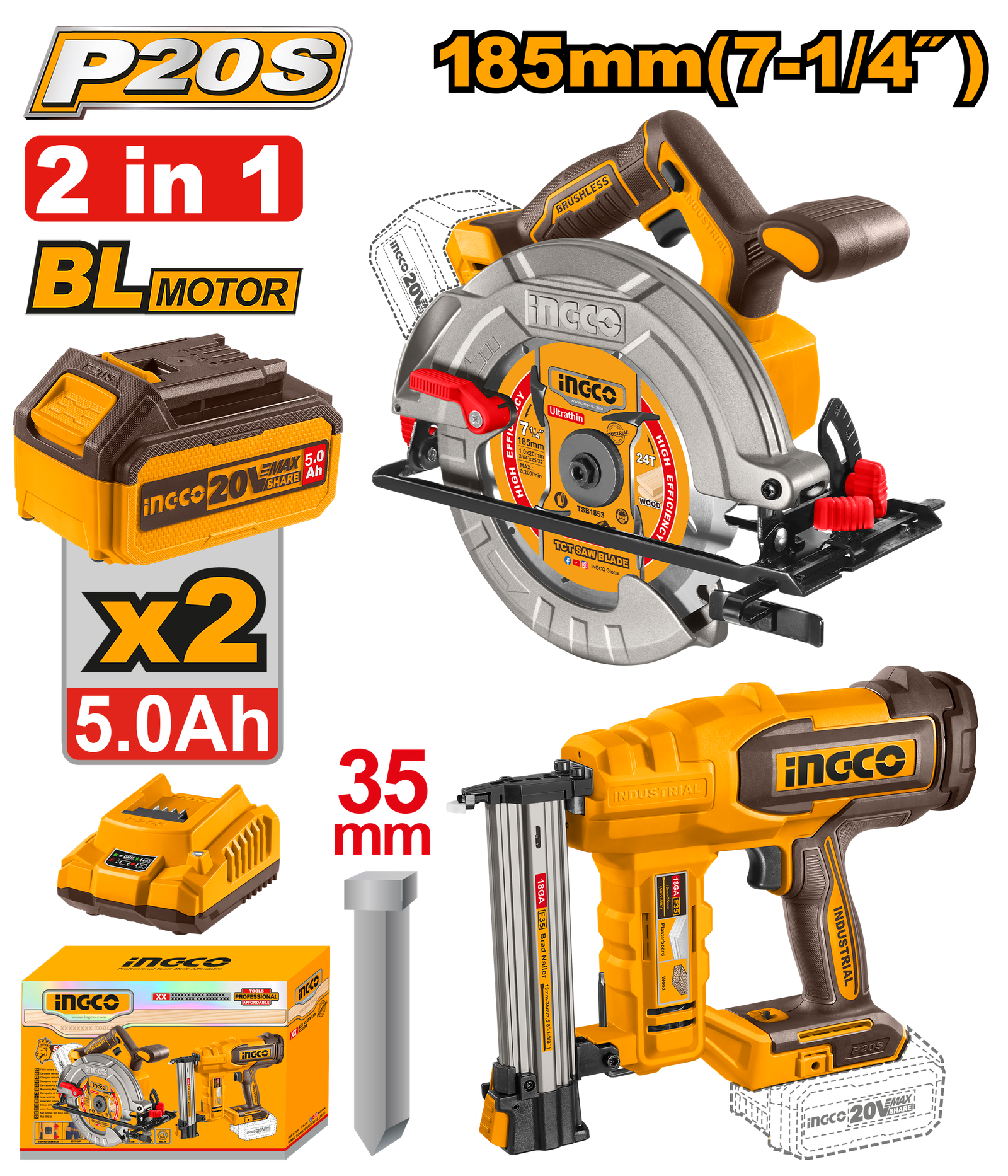 COSLI240866-12.png COSLI240866 (Cordless 20V circular saw 7.25" + brad nailer 35mm + 2 Battery - P1C2) - Image 1