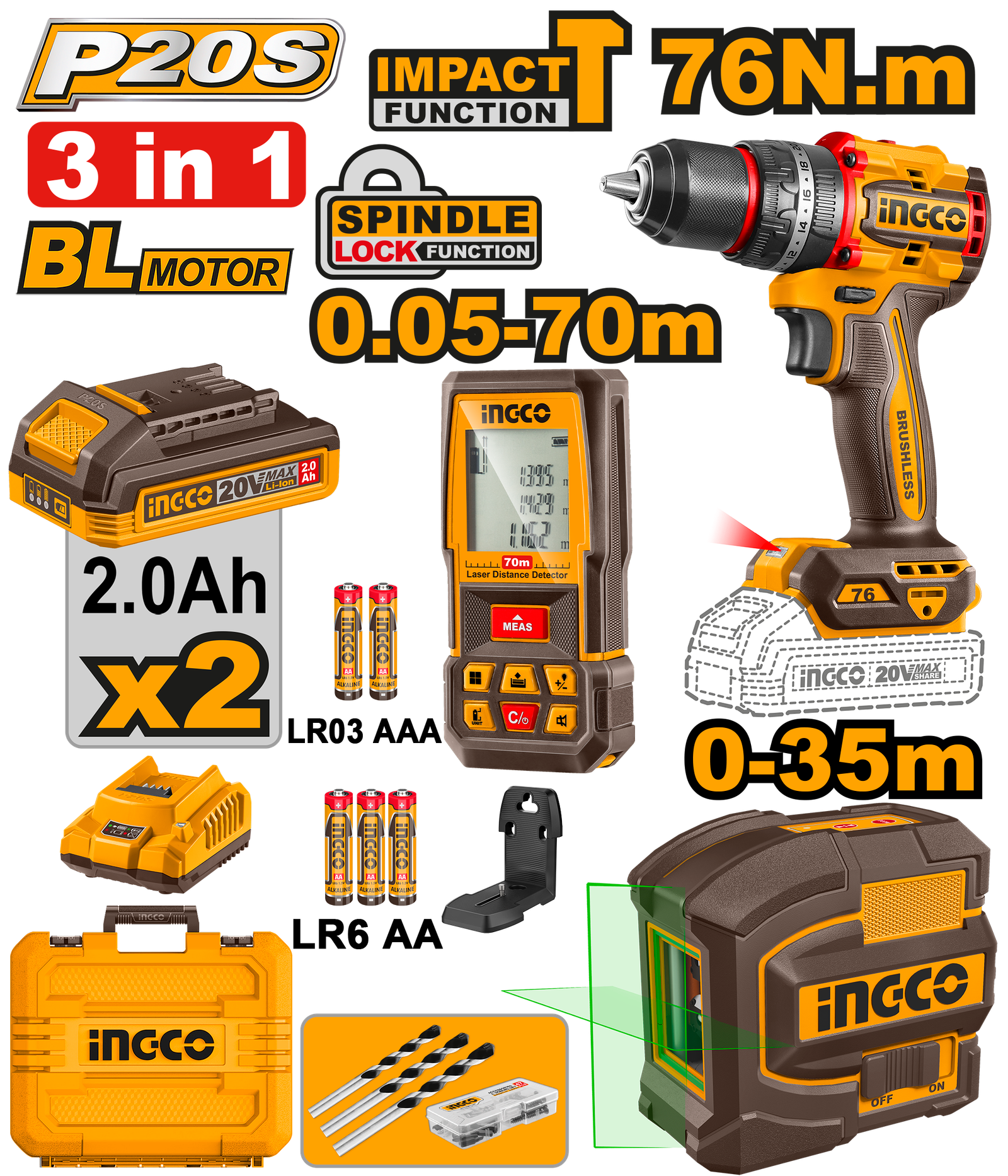COSLI250511-12.png COSLI250511 (Cordless Drill 20V 76Nm + 2 Battery + Laser Level 35m + Distance Detector 70m - C4) - Image 1